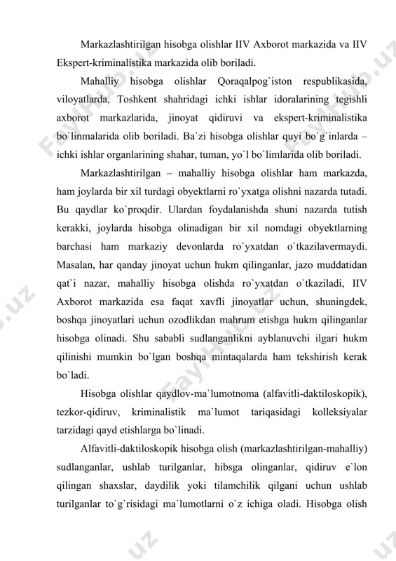 ik ro`yxat turlariga quyidagilar kiradi: tezkor-qidiruv hisobga olishlar: 1) bedarak yo`qolgan shaxslar, noma`lum bemorlar va tanilmagan murdalar hisobi respublika iiv axborot markazida, iib axborot markazlarida yuritiladi. bu hisobga olish sababsiz g`oyib bo`lgan shaxslar, uyidan yoki tibbiyot muassasalaridan qochib ketgan voyaga yetmaganlar, ma`muriyat ruxsatisiz nogironlar uylari va qariyalar uylarini tark etgan nogironlar va qariyalar; sog`lig`i holatiga ko`ra o`zi haqida hech qanday ma`lumot bera olmaydigan, davolash statsionarlari, nogironlar va qariyalar uylarida, bolalar uylari va internatlarida turgan shaxslar; noma`lum fuqarolarning murdalari kiritiladi. ana shu hisobga olish bo`yicha shuningdek, tergovdan, suddan, jazoni o`tashdan yashiringanlar va boshqa qidirilayotgan shaxslar tekshiriladi. hisobga olish uchta mustaqil parallel kartotekalarda olib borilib, ularda yagona namunaviy nusxadagi tanib olish kartochkalari bo`ladi. bedarak yo`qolgan shaxsni tanib olish kartochkasi uning demografik ma`lumotlarini, tashqi ko`rinishi, kiyim-kechagi tavsifini, ajralib turadigan (o`ziga xos) belgilarini, tishlarining holatini, kasbi, mashg`uloti turi, g`oyib bo`lishi holatlari haqidagi ma`lumotlarni o`z ichiga oladi. kartochkaga (жинси) дакт. фамилияси_____________________________________ исми__________________________________________ отасининг исми_______________ форм. …
