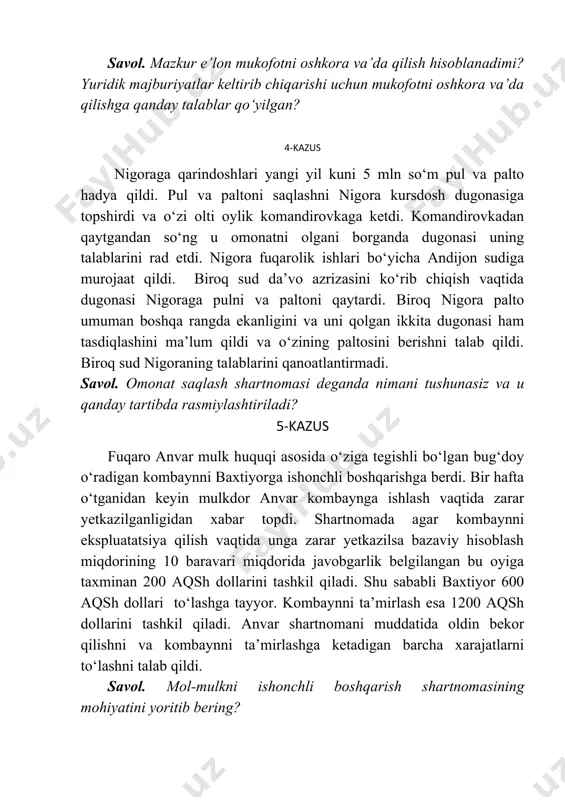 vaqtida dugonasi nigoraga pulni va paltoni qaytardi. biroq nigora palto umuman boshqa rangda ekanligini va uni qolgan ikkita dugonasi ham tasdiqlashini ma’lum qildi va o‘zining paltosini berishni talab qildi. biroq sud nigoraning talablarini qanoatlantirmadi. savol. omonat saqlash shartnomasi deganda nimani tushunasiz va u qanday tartibda rasmiylashtiriladi? 5-kazus fuqaro anvar mulk huquqi asosida o‘ziga tegishli bo‘lgan bug‘doy o‘radigan kombaynni baxtiyorga ishonchli boshqarishga berdi. bir hafta o‘tganidan keyin mulkdor anvar kombaynga ishlash vaqtida zarar yetkazilganligidan xabar topdi. shartnomada agar kombaynni ekspluatatsiya qilish vaqtida unga zarar yetkazilsa bazaviy hisoblash miqdorining 10 baravari miqdorida javobgarlik belgilangan bu oyiga taxminan 200 aqsh dollarini tashkil qiladi. shu sababli baxtiyor 600 aqsh dollari to‘lashga tayyor. kombaynni ta’mirlash esa 1200 aqsh dollarini tashkil qiladi. anvar shartnomani muddatida oldin bekor qilishni va kombaynni ta’mirlashga ketadigan barcha xarajatlarni to‘lashni talab qildi. savol. mol-mulkni ishonchli boshqarish shartnomasining mohiyatini yoritib bering? 6-kazus avtokorxona kelishilgan muddatda to‘liq hajmda yukni taqdim etmagani uchun yetkazilgan …
