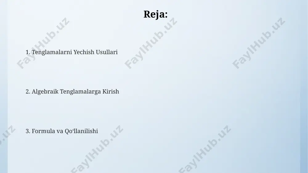 di. kvadrat tenglamalar kvadrat tenglama grafigi parabola shaklida boʻlib, uning tepalik nuqtasining koordinatalari (-b/2a; -d/4a) formulasi bilan topiladi. parabolaning o'q bilan kesishgan nuqtalari tenglamaning ildizlarini bildiradi. kvadrat tenglamalar ikkinchi darajali tenglamalar boʻlib, umumiy koʻrinishi ax²+bx+c=0 (a≠0) shaklida yoziladi, bu yerda a, b va c haqiqiy sonlardir. yechimlarni diskriminant (d=b²-4ac) yordamida topish mumkin. agar kvadrat tenglamaning diskriminanti musbat bo'lsa (d>0), tenglama ikkita turli haqiqiy ildizga ega bo'ladi. masalan, x²+5x+6=0 tenglamaning ildizlari x₁=-2 va x₂=-3. tengsizliklar tengsizliklar sonli yoki cheksiz ko'p haqiqiy sonlar to'plamini ifodalashi mumkin, masalan, x > 2 tengsizligi 2 dan katta barcha sonlarni o'z ichiga oladi. tengsizliklarni yechishda, tenglamalarga o'xshash amallarni bajarish mumkin, ammo ba'zi hollarda tengsizlik belgisining yo'nalishi o'zgaradi, masalan, ikkala tomonni manfiy songa ko'paytirishda. ikki o'zgaruvchili tengsizliklar koordinata tekisligida sohalarni aniqlaydi, masalan, x + y 0 bo'lsa, ikkita haqiqiy yechim mavjud. e'tiboringiz uchun rahmat @taqdimot_robot image4.png image3.jpeg