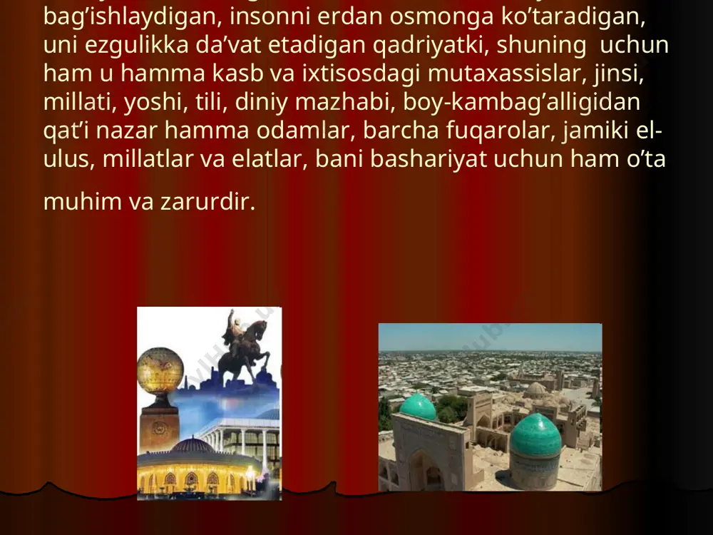 rligini kengaytirishni davrning o’zi taqozo etmoqda. zero, ma’naviyat bilan qonun, huquq bir-birini taqozo etuvchi qadriyatlardir. chunki, xalqning ma’naviyati ham o’ziga xos qonun-qoida, odob-axloq, huquqdir. hozirgi kunda mamlakatimizdagi asosiy milliy teleradiokanallar aholining xolis va haqqoniy axborotga ega bo’lish huquqini ta’minlash, yurtdoshlarimizning madaniy saviyasi, bilim va dunyoqarashini oshirish, qadimiy an’analarimiz, tarixiy merosimizni asrab-avaylash va rivojlantirish, shu bilan bir-ga, fuqarolarimiz ongida demokratik qadriyat-lar, grajdanlik pozitsiyasini shakllantirish, yosh avlodni vatanparvarlik va umuminsoniy qadriyatlarga hurmat ruhida tarbiyalash yo’lida munosib xizmat qilayotganini ta’kidlash kerak. ayni vaqtda hali bu sohada oldimizda amalga oshirishimiz zarur bo’lgan ko’pgina maqsadlar turganini ham aytish lozim. avvalo, televide-nieni davlat va jamiyatimizni bamisoli bir ko’prikdek bog’lab turadigan jonli muloqot vositasiga aylantirish, efir orqali bugungi kunning dolzarb muammolarini ko’proq aks ettirish, jamoatchilik fikrini shakllantirish, fuqarolarimizning ijtimoiy faolligini kuchayti-rish, har qaysi insonning o’z mustaqil fikrini ifoda etishiga imkon berish, turli ijti-moiy toifa va guruhlarning qiziqish va intilishlari, hayotiy manfaatlarini yoritib borish masalalariga alohida e’tibor qaratish …