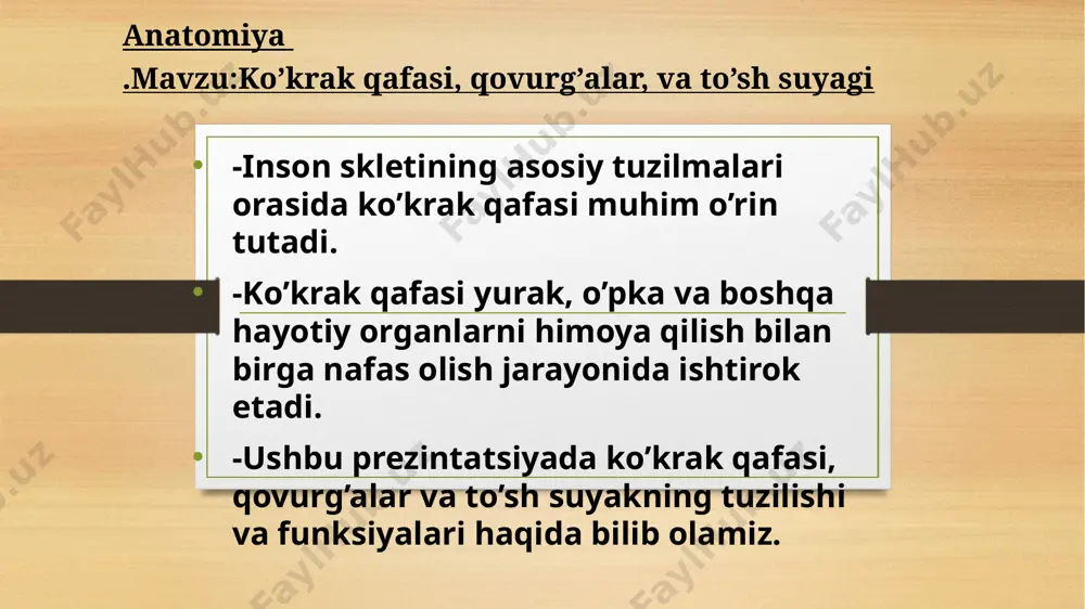 olish**-qovurg’alar va ko’krak qafasi nafas olishda harakatlanib, o’pkaning kengayishiga yordam beradi. -**harakatlanish**-qovurg’alar nafas olish jarayonida pastga va yuqoriga harakat qiladi. ko’krak qafasida kasalliklar va shikastlanishlar: -**qovurg’alarning sinishi**-qovurg’alarning sinishi natijasida nafas olish qiyinlashishi mumkin. -**to’sh suyagi kasalliklari**-to’sh suyagi bilan bog’liq bo’lgan rivojlanish nuqsonlari yoki shikastlanishlar. -**tibbiy yordam**-og’ir holatlarda mutaxasis yordamiga extiyoj tug’iladi. xulosa: -ko’krak qafasi va qovurg’alar inson tanasining muhim qismlaridan biri bo’lib, nafas olish va organlarni himoya qilish kabi bir nechta vazifalarni bajaradi. -to’sh suyak va qovurg’alar bigalikda ko’krak qafasining asosiy tayanch strykturasini tashkil etadi. etiboringiz uchun raxmat image7.jpeg image8.jpeg image5.png image6.png image9.png image10.jpeg image11.jpeg image12.jpeg image13.jpeg image3.png image4.png /docprops/thumbnail.jpeg