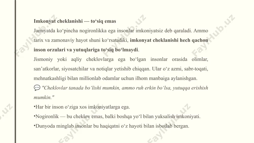 huquqlari himoyachisi nogironlik tarixi: 19 oyligida og‘ir kasallik (ehimol, skarlatina yoki meningit) tufayli ko‘r va kar bo‘lib qolgan bola bo‘lganida hech narsani tushunmas, hatto gapirishni ham bilmas edi ta’lim va yutuqlari: sullivan helen bilan palma yozuvi (tuyg‘u orqali yozish) orqali aloqa o‘rnatdi 1904-yilda radklif kollejini tamomlab, oliy ma’lumot olgan birinchi ko‘r va kar inson bo‘ldi 14 dan ortiq kitob yozgan, eng mashhuri: "the story of my life" (mening hayotim hikoyasi) dunyo bo‘ylab ko‘plab insonlarga ruhiy kuch bag‘ishlagan helen keller (1880–1968) nick vujicic (1982-yil tug‘ilgan) qo‘l va oyoqlarsiz tug‘ilgan, lekin umidsiz emas shaxsiy ma’lumotlar: to‘liq ismi: nicholas james vujicic tug‘ilgan sana: 1982-yil 4-dekabr millati: avstraliyalik (keyinchalik aqsh fuqarosi bo‘lgan) kasbi: motivatsion notiq, yozuvchi, xayriyachi yutuqlari va faoliyati: 60 dan ortiq mamlakatda chiqish qilgan minglab auditoriyalar oldida so‘zlagan o‘nlab kitoblar muallifi, eng mashhuri: “life without limits” (chegaralarsiz hayot) "life without limbs" (qo‘llarsiz va oyoqlarsiz hayot) nomli notijorat tashkilot asoschisi turmush qurgan va …