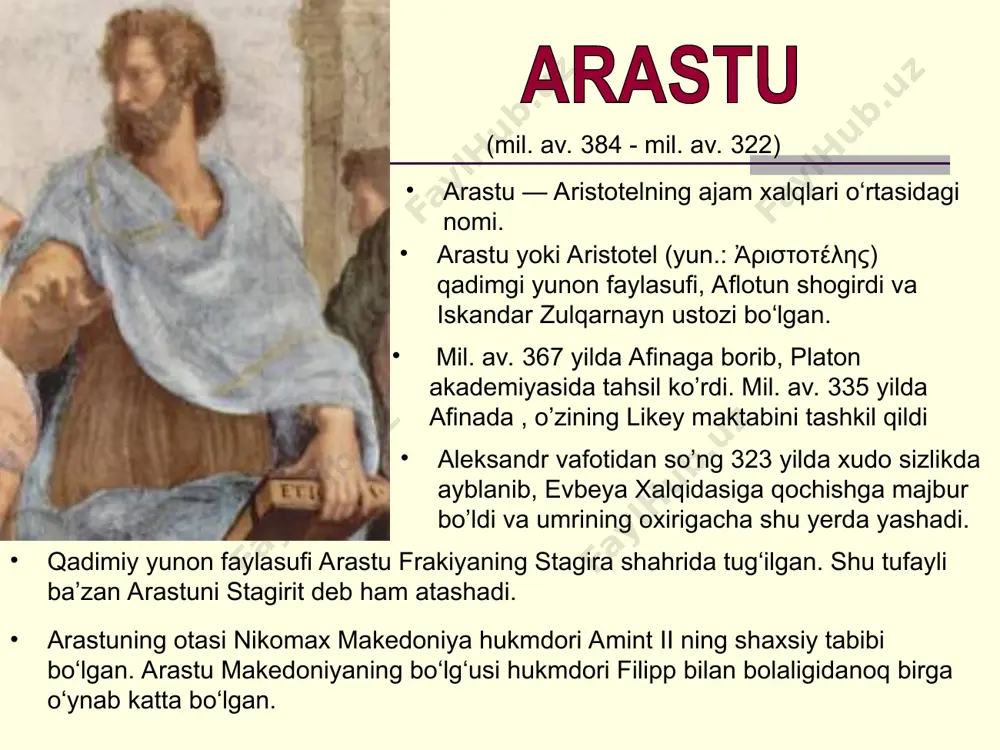 garmas sferalar. 11.aylanma harakat-sayyoralar harakati aylana shaklida bo’ladi. aristotelning “fizika” asarida ko’rilgan qarashlar: 1.kosmologiya 2.harakat haqida ta’limot 3.elementlar fizikasi 4. телеология 5 примечания 6 ссылки aristotel yozgan “fizika” asarining birinchi beti. chig’iriq .. vaqt «hozir»siz mavjud bo‘lolmaydi va butun ma’nosini yo‘qotadi. zero, «hozir» o‘zida ham ibtidoni, ham intihoni jo etguvchi o‘rtalikdir. harakatning paydo bo‘lishi yoki g‘oyib bo‘lishi aslo mumkin emas. sezgi buyumlarning shaklini ularning moddiyatisiz qabul qilish qobiliyatidir. bu xuddi temir va oltindagi tasvirning mumga jo bo‘lishiga o‘xshaydi. (ya’ni mum sezgi bo‘lsa, temir va oltin — buyumlar.surati.) (buni yana shunday tushuntirish mumkin. biz ko‘rib turgan toshning aynan o‘zi emas, balki uning shakli qalbimizdan o‘rin oladi). hech narsa tasodifan sodir bo‘lmaydi. biz tasodif deb ataydigan hamma narsaning o‘z sababi bor har kuni quyoshning osmon toqini aylanib o‘tishini, tunda esa o‘zga yoritkichlarning bir tekis jilvalanishini kuzata turib, bu harakat va uyg‘unliklarning sababkori xudoning mavjudligiga iymon keltirmaslik mumkin emas. tabiat o‘zini o‘zi davolovchi …