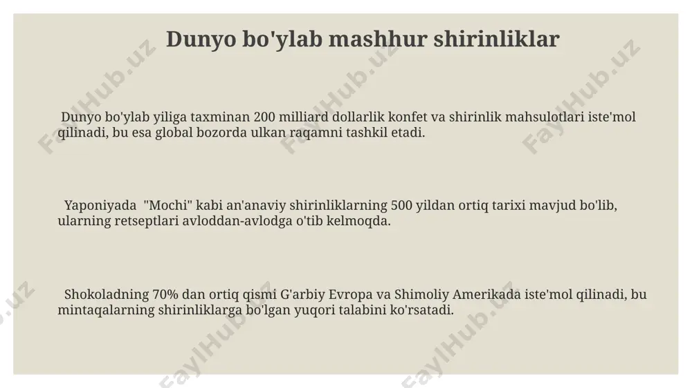 auditoriya hisoblanadi, ularning xarid qarorlariga ta'sir qiluvchi omillar orasida mahsulot sifati va estetik koʻrinishi muhim rol oʻynaydi. shirinliklarni reklama qilishda 30% ga yaqin foizni tashkil etadigan degustatsiya va namunalar tarqatish kampaniyalari, brend xabardorligini oshirish va sotishni koʻpaytirishda muhim ahamiyat kasb etadi. sosial media marketingi shirinliklarni reklama qilishda samarali vosita boʻlib, instagram va facebook platformalarida 70% dan ortiq foydalanuvchilar shirinliklar haqidagi reklamalarga qiziqish bildiradi. asal va mevali shirinliklar “asal va mevali shirinliklar” tarkibida 10 dan ortiq turdagi mevalar va asalning 3 xil navi qo‘llanilishi mahsulotning noyob ta’mini ta’minlaydi, bu esa raqobatbardoshlikni oshiradi. mahsulotning o‘rtacha shirinlik darajasi 6 balldan iborat bo‘lib, bu iste’molchilarning keng qatlami uchun mos keladi va sog‘lom turmush tarzini yaxshilashga hissa qo‘shadi. “asal va mevali shirinliklar” ishlab chiqarish jarayonida 5 bosqichdan o‘tib, har bir bosqichda sifat nazorati amalga oshiriladi, bu esa mahsulotning yuqori sifatini kafolatlaydi. shirinliklarning tarkibi va kaloriyasi shirinliklarning tarkibi, ayniqsa, shakar miqdori, mahsulotning umumiy kaloriyasini aniqlaydi; masalan, …