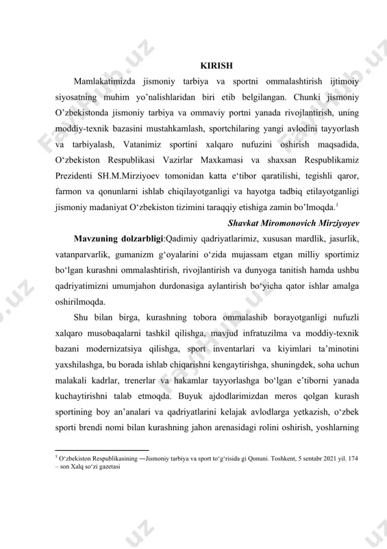 uningdek, soha uchun malakali kadrlar, trenerlar va hakamlar tayyorlashga bo‘lgan e’tiborni yanada kuchaytirishni talab etmoqda. buyuk ajdodlarimizdan meros qolgan kurash sportining boy an’analari va qadriyatlarini kelajak avlodlarga yetkazish, o‘zbek sporti brendi nomi bilan kurashning jahon arenasidagi rolini oshirish, yoshlarning milliy sportga bo‘lgan qiziqishlarini qo‘llab-quvvatlash va rag‘batlantirish orqali ularda vatanparvarlik tuyg‘usini yanada mustahkamlash, aholining barcha qatlamlari, ayniqsa, yoshlarning, shuningdek, jahon xalqlarining mazkur sport turi bilan shug‘ullanishi uchun zarur shart-sharoitlar yaratish maqsadida: 1. kurash milliy sport turini (keyingi o‘rinlarda — kurash) rivojlantirishning asosiy yo‘nalishlari etib quyidagilar belgilansin: - aholining barcha qatlamlarini kurash bilan shug‘ullanishga keng jalb qilish hamda o‘zbekistonda kurashni umumxalq sport turiga aylantirish; - kurashni ommalashtirish, uning jahon sporti durdonasiga aylanishiga va xalqaro olimpiya o‘yinlari dasturiga kiritilishiga erishish; - kurash bilan shug‘ullanish uchun zarur moddiy-texnik baza va infratuzilmani shakllantirish; - qurolli kuchlar va huquqni muhofaza qiluvchi organlarning jismoniy tayyorgarlik mashg‘ulotlarida bosqichma-bosqich kurash hamda jangovar kurashni ustuvor sport turlari sifatida kiritish; - …