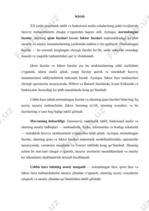ga ko’paytirish amallariga nisbatan ham chiziqli fazoni tashkil giladi. bu fazo -o’lchovli arifmetik fazo deyiladi va belgilanadi. 1.3. oraliqda uzluksiz (haqiqiy yo’ki kompleks) barcha funksiyalar to’plami odatdagi qo’shish va songa ko’paytirish amallari bo’yicha –chiziqli fazoni tashkil qiladi. bu fazo analizning eng muhim fazolaridan biri sifatida keyingi mavzularda tez-tez uchrab turadi. chiziqli bog’langanlik. ta’rif . chiziqli fazoning elementlari uchun hammasi bir vaqtda nolga teng bo’lmagan sonlar mavjud bo’lib, () tenglik bajarilsa, u holda bu elementlar chiziqli bog’langan deyiladi. aks holda, ya’ni agar () tenglikdan munosabat kelib chiqsa, u holda bu elementlar chziqli bog’lanmagan deyiladi. agar fazoning chelsiz elementlari sistemasining ixtiyoriy chekli qism-sistemasi chiziqli bog’lanmagan bo’lsa, u holda bu elementlar sistemasi chiziqli bog’lanmagan deyiladi. agar fazoda ta chiziqli bog’lanmagan elementlar sistemasi topilib, bu fazoning ixtiyoriy ta elementlari chiziqli bog’langan bo’lsa, u holda fazo - o’lchovli deyiladi. agar fazoda ixtiyoriy chekli sondagi chiziqli bog’lanmagan elementlar sistemasi topilsa, u holda fazo cheksiz o’lchovli deyiladi. …