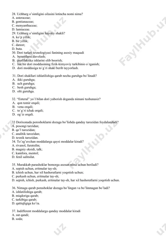 on respublikasi sog’liqni saqlash vazirligi dori vositalarini sifatini standarti qonuni qachon chiqarilgan? a. 2002 yil 8 aprel № 162 b. 1999 yil 15 mart № 163 c. 1993 yil 28 dekabr № 202 d. 2015 yil 5 yanvar № 412 49. dorixona resepturasiga kiradi: a. standart yozuvlari bo'yicha tayyorlanadigan dori vositalar b. ekstemporal, oldindan tayyorlangan, qadoqlangan va tayyor dori vositalar c. qadoqlangan va zavodda tayyorlangan dori vositalar d. faqat bitta bemor uchun ekstemporal tayyorlanadigan dori vositalar 50. dorixona resepturasiga kiradi: a. standart yozuvlari bo'yicha tayyorlanadigan dori vositalar b. ekstemporal, oldindan tayyorlangan, qadoqlangan va tayyor dori vositalar c. qadoqlangan va zavodda tayyorlangan dori vositalar d. faqat bitta bemor uchun ekstemporal tayyorlanadigan dori vositalar 51. korxona sharoitida in’yeksion suv olish uchun qanday distillyatorlar ishlatilmaydi: a. uch bosqichli akvadistillyator b. termokompression akvadistillyator c. shisha filtrlar, konev filtri d. akvadistillyator «finnakva» 52. ekstraksiyalashning statik usuliga kiradi: a. matseratsiya b. qarshi oqimda ajratma olish c. …