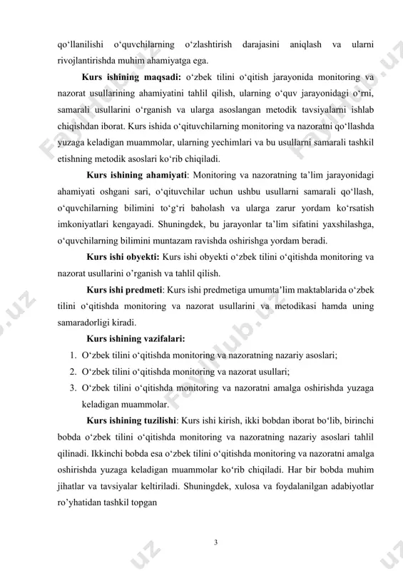 gan muammolar. kurs ishining tuzilishi: kurs ishi kirish, ikki bobdan iborat boʻlib, birinchi bobda o‘zbek tilini o‘qitishda monitoring va nazoratning nazariy asoslari tahlil qilinadi. ikkinchi bobda esa o‘zbek tilini o‘qitishda monitoring va nazoratni amalga oshirishda yuzaga keladigan muammolar koʻrib chiqiladi. har bir bobda muhim jihatlar va tavsiyalar keltiriladi. shuningdek, xulosa va foydalanilgan adabiyotlar ro’yhatidan tashkil topgan i bob. monitoring va nazoratning ta’lim tizimidagi o‘rni 1.1. o‘zbek tilini o‘qitishda monitoring va nazoratning nazariy asoslari o‘zbek tili — xalqning milliy madaniyati, urf-odatlari, tarixiy an’analari, adabiy merosi va dunyoqarashi bilan chambarchas bog‘liq bo‘lgan til hisoblanadi. o‘zbekiston mustaqillikka erishganidan so‘ng, o‘zbek tilining davlat tili sifatida o‘rni yanada mustahkamlandi. o‘zbek tili o‘qitish nafaqat akademik bilimlarni olish, balki milliy identifikatsiyani saqlash va rivojlantirish, shuningdek, mamlakatning ijtimoiy, siyosiy va madaniy hayotida faol ishtirok etish uchun ham muhim ahamiyatga ega. o‘zbek tilini o‘qitishning asosiy maqsadi — o‘quvchilarda nafaqat tilni o‘zlashtirish, balki ularning nutq madaniyatini rivojlantirish, so‘zlashuv malakalarini shakllantirish, …