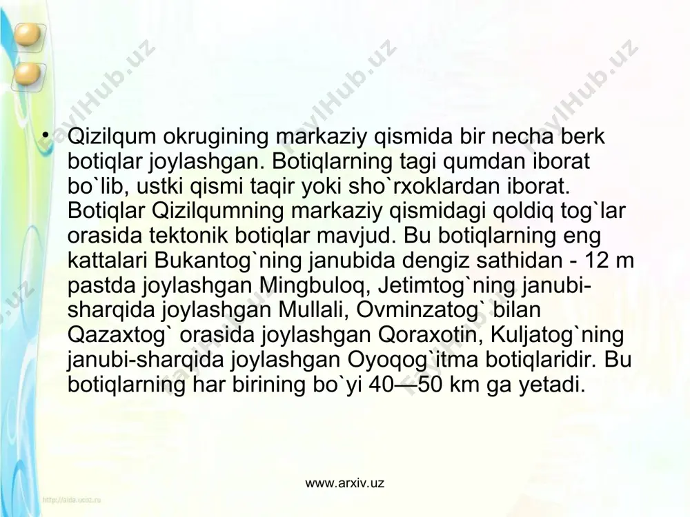 xiv.uz qizilqum okrugi iqlimining quruqligi (yog`inlar kamligi, yozgi haroratning yuqoriligi tufayli mumkin bo`lgan bug`lanishning ko`pligi) tufayli doimiy oquvchi mahalliy suvlari yo`q. uning janubi-g`arbiy qismidan esa tranzit amudaryo oqib o`tadi, xolos. lekin bahorda qorlar eriganda, yomgir ko`proq yoqqanda qizilqumning markaziy qismidagi past tog`larda vujudga keladigan vaqtli soylardan suv oqib, so`ngra ularning suvi qurib qoladi. aksincha, qizilqumda yer osti suvlari ancha ko`p. okrugda gount suvlari hamma qismida turon svitasi qumliklarida uchraydi. bu tur yer osti suvi, asosan, yog`inlardan to`yinadi, lekin bug`lanish katta, binobarin, sho`r (minerallashish darajasi yuqori) bo`lib, to`g`ridan-to`g`ri ichish uchun sifatsiz. relefi past yerlarda bu tur yer osti suvlaridan yaylovlarni suv bilan ta`minlashda foydalaniladi. qalin barxan qumlari ostida taxminan 100 m chuqurliklarda chuchuk grunt suvi mavjud bo`lib, minerallashish darajasi 0,3 dan 1,02 g/l ga yetadi. markaziy qizilqumdagi qoldiq tog`lar etaklaridagi prollyuvial yotqiziqlar orasida chuchuk grunt suvlarining katta miqdori mavjud. www.arxiv.uz www.arxiv.uz mezozoy davr yotqiziqlari va paleogen davr jinslari orasida bosimli artezian …