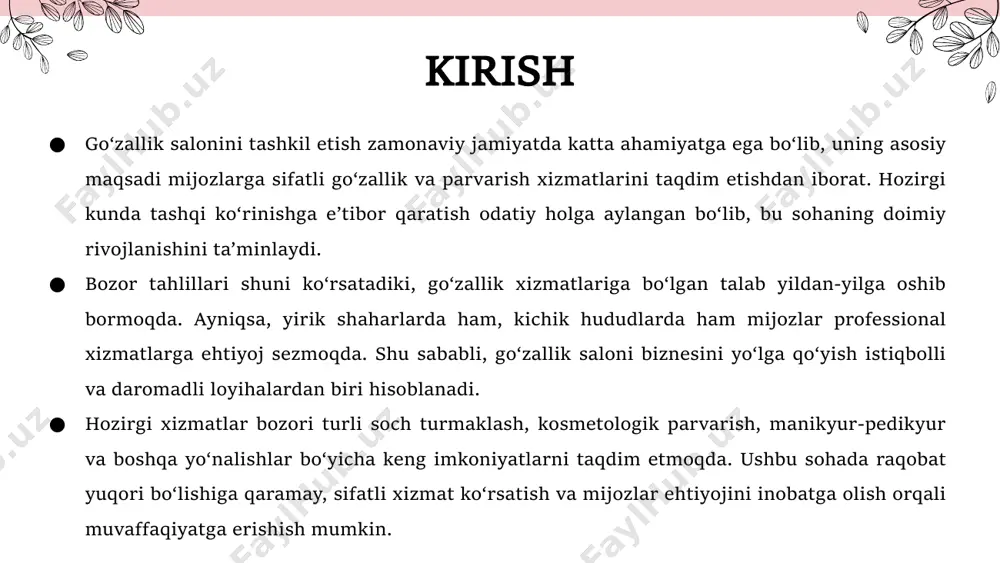 k saloni tijorat maqsadida tashkil etilayotgani sababli, uning asosiy yo‘nalishlaridan biri daromad olish va uni yanada kengaytirishdir. sifatli xizmat, qulay joylashuv, mijozlarga shaxsiy yondashuv va innovatsion yondashuvlar orqali salonni barqaror daromad manbaiga aylantirish mumkin. kelajakda qo‘shimcha xizmatlar joriy qilish, filiallar ochish va turli go‘zallik mahsulotlari savdosini yo‘lga qo‘yish orqali biznesni kengaytirish imkoniyatlari mavjud. daromad olish va biznesni rivojlantirish go‘zallik saloni tashkil etishning asosiy maqsadi mijozlarga zamonaviy va sifatli xizmatlarni taqdim etish, doimiy mijozlar bazasini shakllantirish va biznesni barqaror rivojlantirishdan iborat. korxona haqida umumiy ma’lumot tadbirkorlik shakli sifatida mchj yoki yatt tanlanishi mumkin. go‘zallik salonining joylashuvi aholi gavjum hududlarda, transport qulay bo‘lgan joyda bo‘lishi muhim.qonuniy ruxsatnomalar orasida davlat ro‘yxatidan o‘tish, sanitariya-epidemiologiya xizmati ruxsati, yong‘in xavfsizligi ruxsatnomasi va mutaxassislarning malaka sertifikatlari talab etiladi. bu hujjatlar biznesning qonuniy faoliyat yuritishini ta’minlaydi. bozor tahlili mahalliy bozor go‘zallik xizmatlariga talab yuqori bo‘lgan hududlarni o‘z ichiga oladi. mijozlar segmenti asosan ayollar, yoshlar va o‘z tashqi ko‘rinishiga …