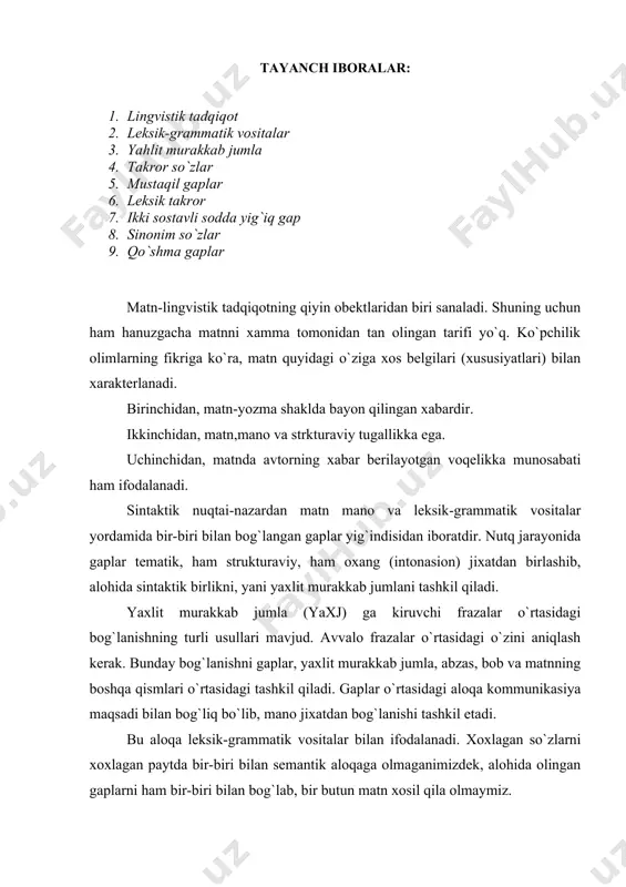 atndagi boshqa gaplar bilan ajratilgan gaplar bir-biri bilan semantik nuqtai-nazardan bog`liq bo`ladi. bunday bog`lanishning birinchisi -kontakt bog`lanish deb, ikkinchisi esa -distant bog`lanish deb ataladi. masalan: pattie had been born thirty years before in an attic room in a small house in an obscure industrial town in the center of england. she had not been a welcome visitor to her mother miss o'driscoll. miss o'driscoll, who had herself arrived in the world under similar auspices, knew at least that her own father had been a pleasant in county tyrone. bir birlari bilan kontakt (yaqin) aloqa bilan bog`langan. jumladan, birinchi gap ikkinchisi bilan kishilik olmoshi (she) bilan, ikkinchi va yuqorida keltirilgan matn uch gapdan iborat bo`lib, ular bir- uchinchi gaplar esa atoqli otlarni takrorlanishi bilan bog`langan. takror so`zlar bilan aloqa zanjirli aloqa deyiladi va bunday aloqa ega-ega yoki to`ldiruvchi-ega aloqasi deb ham aytiladi. distant yoki oraliq masofadagi aloqa esa gaplar tarkibidagi fe'llar …