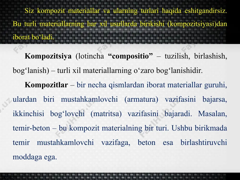 oni j.mone tomonidan 1867-yilda ishlab chiqilib, patent olingan. u hovli gultuvaklari, sim va sementdan kompozitsion materiallar tayyorlagan. 1942-yilda samolyot konstruksiyasida oyna tolasi bilan sinchlangan “armirovan” kompozit material qo‘llanilgan. kompozit materiallar mashinasozlik konstruksiyalariga qo‘yilgan quyidagi talablarga javob berishi kerak (15-shakl) bugungi kunda kompozit materiallardan aviatsiya (masalan: dvigatel, korpus, parrak, haroratbardosh detallar va boshqalar), kosmonavtika, energetika, elektrotexnika va radiotexnika, mashinasozlik (masalan: avtomobil kuzovlari, ishqalanishga chidamli tormoz qurilmalari va boshqalar), kemasozlik, kimyo, konchilik, qurilish (bino va inshootlarning fasad qismlarida (92-rasm), to‘qimachilik, yengil va og‘ir sanoatlarda, tibbiyot asboblari yasashda, qishloq xo‘jaligi, uy-ro‘zg‘or texnikasi kabi ko‘plab sohalarda foydalaniladi. 92-rasm. fasad qismida kompozit materiallardan foydalanilgan zamonaviy binolar (toshkent shahri).