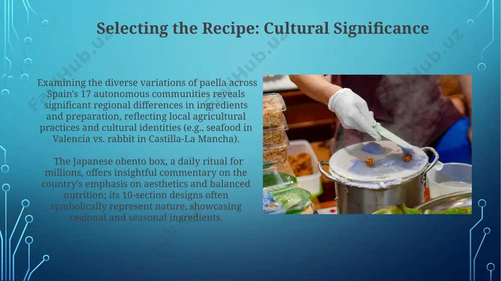 diverse american communities, illustrating the evolution of regional cuisines and cultural adaptations. cultural symbolism: deeper meanings in many parts of rural mexico, elaborate day of the dead (día de muertos) altars feature offerings of pan de muerto, a bread shaped like bones in ancient greece, the number 7 symbolized perfection, reflected in the 7-course symposia featuring specific dishes. the preparation and sharing of these meals held deep social and religious significance across various city-states. geographical influence: regional variations variations in pad thai recipes across thailand show regional preferences: southern thailand uses 3-4 types of fish sauce, resulting in a saltier profile compared to the sweeter, less pungent versions found in central regions like bangkok. the preparation of "arepas," a staple in venezuela, displays noticeable geographical diversity: those made in the andes mountains often incorporate 20% more cheese than coastal versions, reflecting regional agricultural differences and local tastes. presentation: plating and …