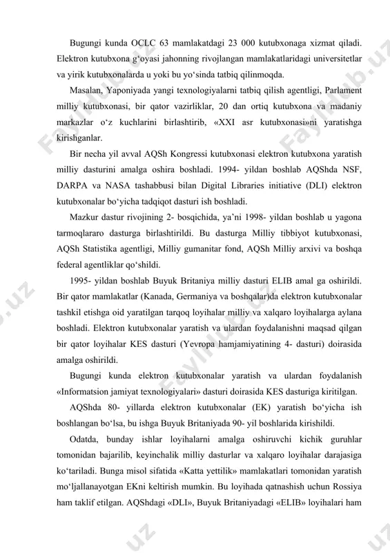 a, bu ishga buyuk britaniyada 90- yil boshlarida kirishildi. odatda, bunday ishlar loyihalarni amalga oshiruvchi kichik guruhlar tomonidan bajarilib, keyinchalik milliy dasturlar va xalqaro loyihalar darajasiga ko‘tariladi. bunga misol sifatida «katta yettilik» mamlakatlari tomonidan yaratish mo‘ljallanayotgan ekni keltirish mumkin. bu loyihada qatnashish uchun rossiya ham taklif etilgan. aqshdagi «dli», buyuk britaniyadagi «elib» loyihalari ham bunga misol bo‘la oladi. germaniyada esa «clobal-info» elektron kutubxona yaratishga kirishilgan. yuqorida keltirilgan loyihalar davlat tomonidan yetarlicha moliyaviy ta’minotga egadir. bu mamlakatlarda ek yaratish muammolarini yechish uchun turli investitsiyalar faol jalb qilinmoqda, jumladan, turli fondlar, manfaatdor xususiy kompaniyalar, xayriya tashkilotlari, alohida homiy shaxslar mablag‘lari bu ishga yo‘naltirilmoqda. rossiyada ham ek yaratish bo‘yicha tajribalar yetarli. 1995- yildan boshlab elektron resurslar va ularning dasturiy-texnik ta’minotini yaratish bilan bog‘liq loyihalar (jumladan, internet orqali) amalga oshirila boshlandi. bu loyihalar bir qator davlat ilmiy-texnik dasturlari tomonidan qo‘llab-quvvatlandi. masalan, «fan va texnika bo‘yicha federal informatsion fond», «rossiyani axborotlashtirish» dasturi. rossiya fan vazirligining …