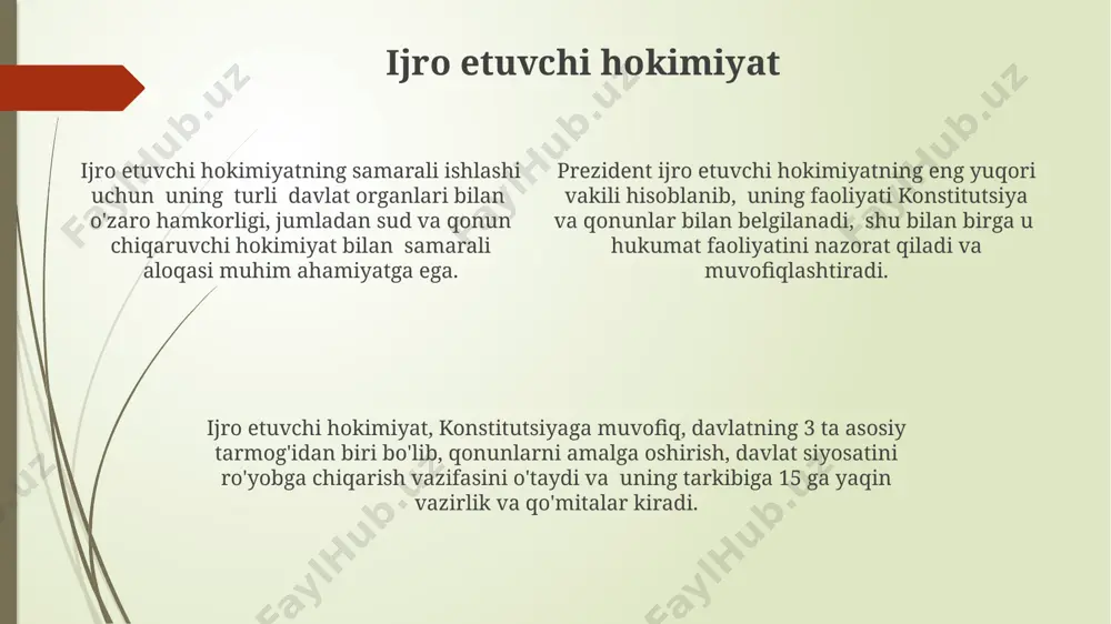 miyatlar boʻlinishi printsipining buzilishiga va 5 yildan ortiq davom etadigan nizolarga olib kelishi mumkin. hokimiyatlar boʻlinishining samaradorligi, ayniqsa, 3 ta hokimiyat organining kuchlarining teng emasligi holatlarida, zaiflashishi mumkin, bu esa 2 ta yoki undan ortiq organning bir-biriga haddan tashqari ta’sirini keltirib chiqarishi mumkin. e'tiboringiz uchun rahmat @taqdimot_robot