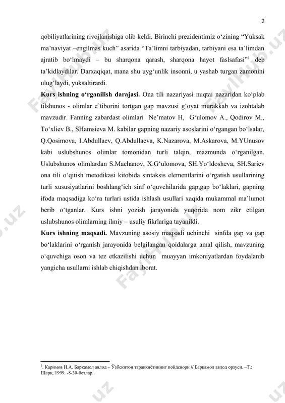 dan ko‘plab tilshunos - olimlar e’tiborini tortgan gap mavzusi g‘oyat murakkab va izohtalab mavzudir. fanning zabardast olimlari ne’matov h, g‘ulomov a., qodirov m., to‘xliev b., shamsieva m. kabilar gapning nazariy asoslarini o‘rgangan bo‘lsalar, q.qosimova, i.abdullaev, q.abdullaeva, k.nazarova, m.askarova, m.yunusov kabi uslubshunos olimlar tomonidan turli talqin, mazmunda o‘rganilgan. uslubshunos olimlardan s.machanov, x.g‘ulomova, sh.yo‘ldosheva, sh.sariev ona tili o‘qitish metodikasi kitobida sintaksis elementlarini o‘rgatish usullarining turli xususiyatlarini boshlang‘ich sinf o‘quvchilarida gap,gap bo‘laklari, gapning ifoda maqsadiga ko‘ra turlari ustida ishlash usullari xaqida mukammal ma’lumot berib o‘tganlar. kurs ishni yozish jarayonida yuqorida nom zikr etilgan uslubshunos olimlarning ilmiy – usuliy fikrlariga tayanildi. kurs ishning maqsadi. mavzuning asosiy maqsadi uchinchi sinfda gap va gap bo‘laklarini o‘rganish jarayonida belgilangan qoidalarga amal qilish, mavzuning o‘quvchiga oson va tez etkazilishi uchun muayyan imkoniyatlardan foydalanib yangicha usullarni ishlab chiqishdan iborat. i bob boshlang‘ich sinflarda gap mavzusi ustida ishlash muammolari i.1.gap, uning turlari, tarkibi va gap bo‘laklari haqida ma’lumot.gap nutqning eng …