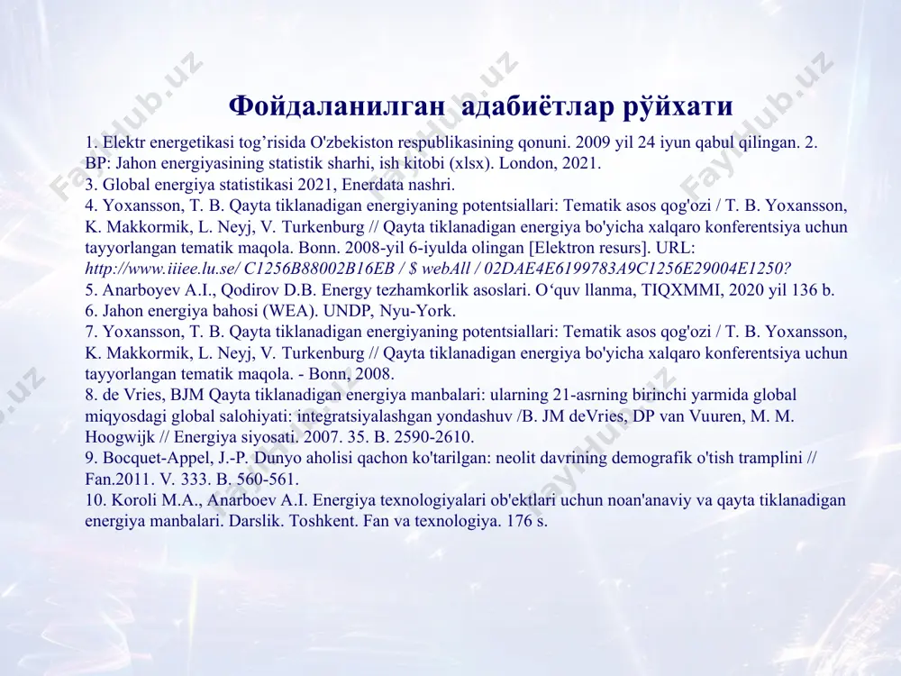 . навбатдаги бирламчи илгари энергия текширувлари (энергия аудити) ўтказилмаган ёки сўровларда танаффус қилинмаган ёқилғи-энергоресурслари истеъмолчиларига нисбатан амалга оширилади эксплутациядан олдин навбатдан ташқари ёқилғи-энергоресурслари истеъмолчиларининг энергия текширувлари вақтига кўра қуйидагиларга бўлинади: ёқилғи-энергоресурслари истеъмолчиларининг энергия текширувлари вақтига кўра қуйидагиларга бўлинади: навбатдаги эксплутациядан олдин навбатдан ташқари режалаштирилган тартибда камида беш йилда бир марта ўтказилади (жорий энергия самарадорлиги кўрсаткичларини аввалги сўровда аниқланган кўрсаткичлар билан таққослаш, энергия ресурсларидан оқилона фойдаланиш ва тежашни ихтиёрий сертификатлаш тизимида ёқилғи-энергетика ресурслари истеъмолчисини сертификатлаш, энергия паспортига ўзгартиришлар киритиш ва бошқалар.) бирламчи навбатдан ташқари навбатдаги эксплутациядан олдин бирламчи истеъмолчида ёқилғи-энергоресурслар аниқлаганда амалга оширилади: ёқилғи-энергоресурслари истеъмолининг ўсиши; ёқилғи-энергоресурсларидан фойдаланиш самарадорлигини пасайтириш; ишлаб чиқариш таннархи ва ундаги ёқилғи компонентининг ўсиши, атмосферага чиқиндилар ва бошқалар; ёқилғи-энергетика ресурсининг истеъмолчиси ёқилғи-энергетика ресурсидан фойдаланиш билан боғлиқ имтиёзлар бериш учун давлат органларига мурожаат қилган тақдирда; ёқилғи-энергоресурслари ва тарифларнинг эълон қилинган технологик йўқотишларининг ҳақиқийлигини тасдиқлаш пайтида, шунингдек уларнинг таркибий қисмларини баҳолашда; ишлатиладиган ёқилғи турини ўзгартирганда-истеъмол қилинадиган ёқилғи ва энергия …