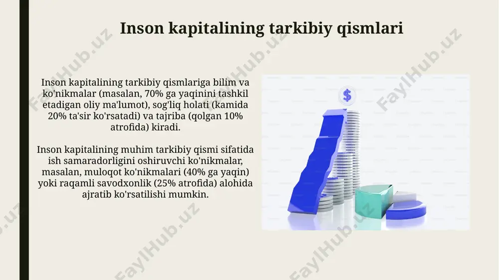 qtisodiy o'sishning muhim drayveri hisoblanadi. kelajakdagi istiqbollar va yangi tendentsiyalar inson kapitaliga investitsiyalar bo'yicha global xarajatlar 2030-yilga kelib 3 trillion dollardan oshishi va shundan 70%i raqamli ko'nikmalarni rivojlantirishga yo'naltirilishi kutilmoqda. sun'iy intellekt va mashinani o'rganish sohalarida mutaxassislarga bo'lgan talab 2025-yilga kelib 50% ga oshishi va bu sohalarda yuqori malakali kadrlar yetishmasligi muammosi kuchayishi taxmin qilinmoqda. ta'limga investitsiyalar malaka oshirish kurslariga sarmoya kiritish, ishsizlik darajasini 5-7% ga kamaytirib, ish samaradorligini 10-15% ga oshirishga yordam beradi. ta'limga investitsiyalar o'rtacha 10-15% o'sishni ta'minlab, kelajakdagi daromadning 20-30% gacha ko'payishiga olib kelishi mumkin, bu esa investitsiyaning yuqori rentabelligini ko'rsatadi. inson kapitaliga investitsiyalarning turlari ish beruvchilar tomonidan amalga oshiriladigan investitsiyalar ish haqi va imtiyozlardan (masalan, sug'urta paketlariga 10% qo'shimcha to'lov) tashkil topishi mumkin, davlat tomonidan amalga oshiriladigan investitsiyalar esa ta'lim va sog'liqni saqlash tizimlarini rivojlantirishga yo'naltirilgan bo'lishi mumkin. inson kapitaliga investitsiyalarni 3 ta asosiy turga bo'lish mumkin: ta'lim (maktabgacha, oliy ta'lim kabi 12 yildan ortiq), sog'liqni …