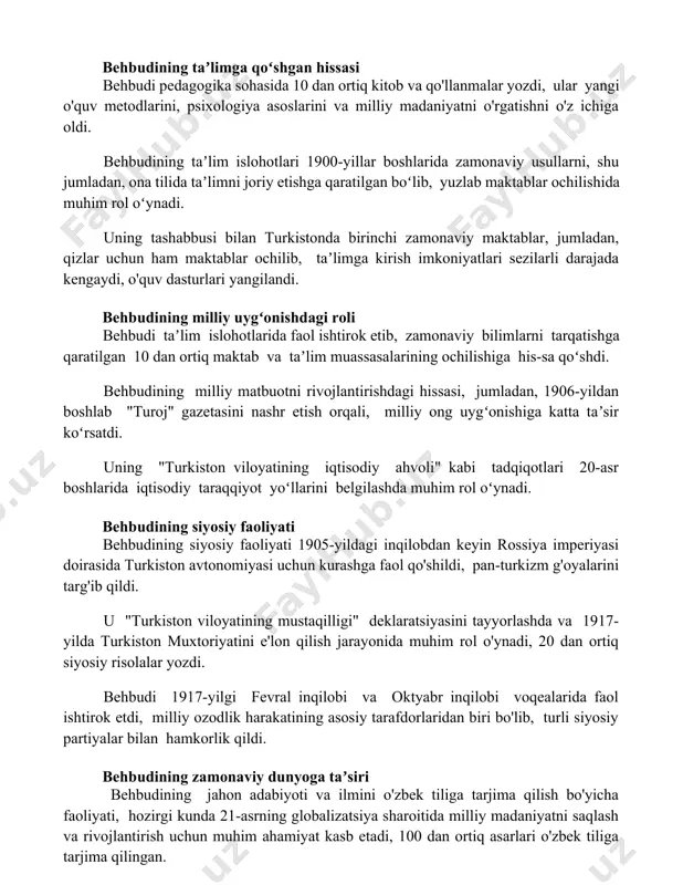 llanmalar yozdi, ular yangi o'quv metodlarini, psixologiya asoslarini va milliy madaniyatni o'rgatishni o'z ichiga oldi. behbudining taʼlim islohotlari 1900-yillar boshlarida zamonaviy usullarni, shu jumladan, ona tilida taʼlimni joriy etishga qaratilgan boʻlib, yuzlab maktablar ochilishida muhim rol oʻynadi. uning tashabbusi bilan turkistonda birinchi zamonaviy maktablar, jumladan, qizlar uchun ham maktablar ochilib, taʼlimga kirish imkoniyatlari sezilarli darajada kengaydi, o'quv dasturlari yangilandi. behbudining milliy uygʻonishdagi roli behbudi taʼlim islohotlarida faol ishtirok etib, zamonaviy bilimlarni tarqatishga qaratilgan 10 dan ortiq maktab va taʼlim muassasalarining ochilishiga his-sa qoʻshdi. behbudining milliy matbuotni rivojlantirishdagi hissasi, jumladan, 1906-yildan boshlab "turoj" gazetasini nashr etish orqali, milliy ong uygʻonishiga katta taʼsir koʻrsatdi. uning "turkiston viloyatining iqtisodiy ahvoli" kabi tadqiqotlari 20-asr boshlarida iqtisodiy taraqqiyot yoʻllarini belgilashda muhim rol oʻynadi. behbudining siyosiy faoliyati behbudining siyosiy faoliyati 1905-yildagi inqilobdan keyin rossiya imperiyasi doirasida turkiston avtonomiyasi uchun kurashga faol qo'shildi, pan-turkizm g'oyalarini targ'ib qildi. u "turkiston viloyatining mustaqilligi" deklaratsiyasini tayyorlashda va 1917-yilda turkiston muxtoriyatini …
