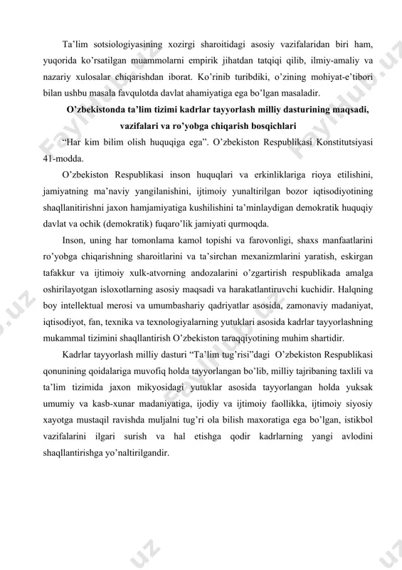 moiy faollikka, ijtimoiy siyosiy xayotga mustaqil ravishda muljalni tug’ri ola bilish maxoratiga ega bo’lgan, istikbol vazifalarini ilgari surish va hal etishga qodir kadrlarning yangi avlodini shaqllantirishga yo’naltirilgandir. dastur kadrlar tayyorlash milliy modelini ro’yobga chiqarishni har tomonlama kamol topgan, jamiyatda turmushga moslashgan, ta’lim va kasb-xunar dasturini ongli ravishda tanlash va keyinchalik puxta o’zlashtirish uchun ijtimoiy-siyosiy, huquqiy, psixologik-pedagogik va boshqa tarzdagi sharoitlarni yaratishni, jamiyat, davlat va oila oldida o’z javobgarligini xis etadigan fuqarolarni tarbiyalashni nazarda tutadi. o’zbekiston respublikasi davlat mustaqilligiga erishib, iqtisodiy va ijtimoiy rivojlanishning o’ziga xos yo’lini tanlash kadrlar tayyorlash to’zilmasi va mazmunini qayta tashkil etishni zarur qilib kuydi va qator chora-tadbirlar qurishni: “ta’lim tug’risi”dagi qonunni joriy etishni (1992-y); yangi o’quv rejalari, dasturlari, darsliklarini joriy etishni, zamonaviy didaktik ta’limotni ishlab chiqarishni; o’quv yurtlarini attestatsiyadan o’tkazishni va akkreditatsiyalashni; yangi tipdagi ta’lim muassasalarini tashkil etishni taqozo etadi. maktabgacha ta’lim soxasida uylarda tashkil etiladigan bolalar bog’chalari hamda “bolalar bog’chasi-maktab” majmui tarmog’i rivojlanib bormoqda. bolalarga …
