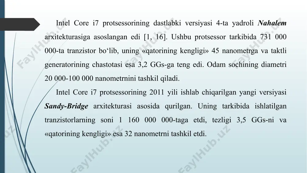 rilishi yoki qo‘shimcha protsessorlar ulanishi mumkin bo‘lgan protsessor arxitekturasi. ultrasparc iii protsessori o‘zidan avval ishlab chiqarilgan 32-razryadli sparc v8 protsessori bilan mos tushadi. ultrasparc iii protsessori vis 2.0 buyruqlar to‘plami bilan ishlay oladi. vis 2.0 buyruqlar to‘plami yordamida – uch o‘lchamli grafik ilovalarni ishlab chiqish, mpeg formatini real vaqt masshtabida dekodlash, ma’lumotlar hajmini qisqartirish, java-dasturlarini bajarish va kompyuter tarmoqlarida ma’lumotlarni uzatish jarayonlarini amalga oshirish mumkin. vis (visual instruction set - nabor komand dlya rabotы s vizualьnыmi dannыmi) – vizual ma’lumotlar bilan ishlash uchun mo‘ljallangan buyruqlar to‘plami. ultrasparc iii protsessorning birinchi modeli 600 mgs chastotaga ega edi, uning qatorining kengligi 0,18 mkm-ga teng bo‘lib, tarkibida 29 000 000- ta tranzistor bor edi. keyingi modellarda chastota 1,2 ggs-ga, qatorining kengligi esa 0,13 mkm-ga ega bo‘lgan. ultrasparc iii mikrosxemasi chiqishlar soni 1368-taga teng bo‘lgan lga (land grid array) korpusiga joylashtirilgan (5-rasm). mikrosxemaning chiqishlari uning pastki qismida joylashgan 37*37 (jami 1369) o‘lchamli kvadrat matritsa …