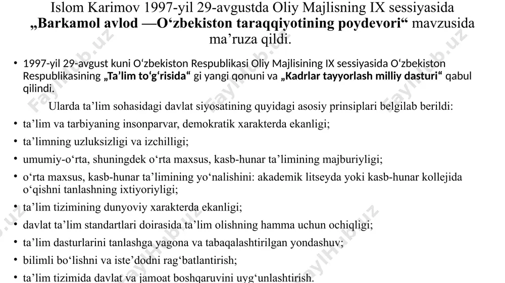 t universitetining filiali; bugungi kunda 125 otm lar o`z faoliyatini yuritmoqda aqsh, buyuk britaniya, koreya respublikasi, rossiya, hindiston, singapur, malayziya va boshqa davlatlar bilan hamkorlikda 22 ta xorijiy otm va filiallar faoliyat yuritmoqda singapur menejmentni rivojlantirish instituti, astraxan texnika universitetining toshkent viloyatidagi filiali va team universiteti, farg`onadagi koreya xalqaro universiteti kabi nodavlat ta`lim muassasalari faoliyat yuritmoqda. o‘zbekiston respublikasi prezidenti shavkat mirziyoyev 2017-yil 30-sentabrda “maktabgacha ta’lim tizimini boshqarishni takomillashtirish to‘g‘risida”gi farmonni imzoladi. unga ko‘ra, maktabgacha ta’lim vazirligi tashkil etildi. 2017-yil umumta’lim va o‘rta maxsus kasb-hunar ta’limi hamda oliy ta`lim tizimida tub islohotlar yili bo‘ldi. 2017-yilning o‘zida 10-sinf o‘quvchilari uchun 9 mln. nusxa darsliklar chop etildi va 10 mingga yaqin umumta’lim maktabida 11 yillik ta’limga o‘tilgan holda o‘qitish tizimi yo‘lga qo‘yildi. 2017-yil 16-noyabrda o‘zbekiston respublikasi prezidentining “respublika oliy ta’lim muassasalari bakalavriatiga kirish test sinovlarini o‘tkazish tartibini takomillashtirish to‘g‘risida”gi qarori qabul qilindi. unga muvofiq 2018–2019-o‘quv yilidan boshlab alohida iqtidor talab etiladigan madaniyat, san’at, …