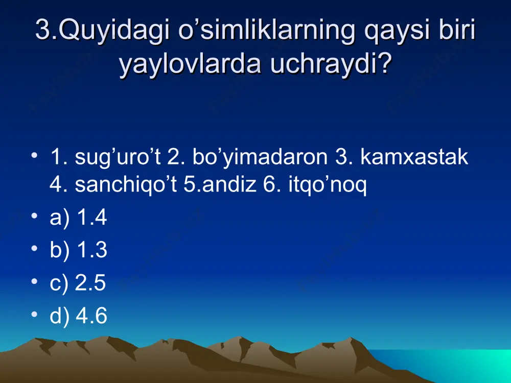 oq b) selin c) juzg'un d) iloq 37. havoga kasallik tug'diruvchi bakteriyalarni kuchsizlantiruvchi fitonsidlar ajratib turadigan gulli o'simliklarni ko'rsating. a) zarang, terak, qarag'ay b) gledichiya, yong'oq, archa c) tikandarxt, terak, yong'oq d) chinor, zarang, akatsiya