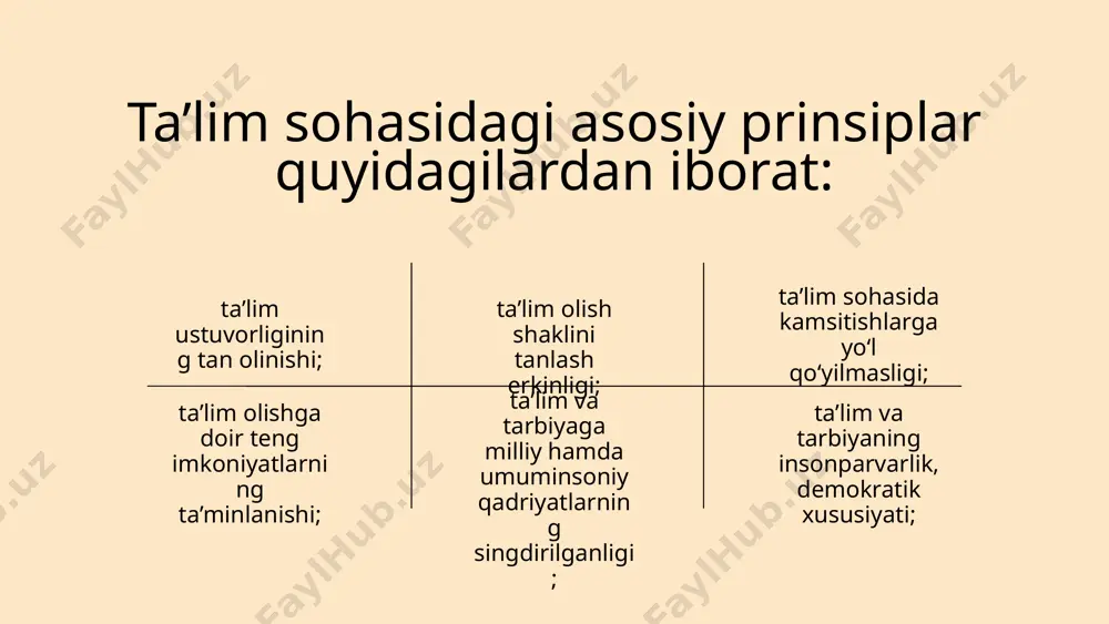 a’lim tashkilotining rahbari. ta’lim tashkilotlarida jamoatchilik boshqaruvi organlari tashkil etilishi mumkin. ta’lim tashkilotlarini boshqarishda va kadrlar tayyorlashda kadrlar talabgorlari ishtirok etadi. ta’lim tashkilotlarining huquqiy maqomi o‘zbekiston respublikasining ta’lim tashkilotlari va ularning filiallari, shuningdek xorijiy davlatlar ta’lim tashkilotlarining filiallari yuridik shaxs maqomi bilan tashkil etiladi. 23 oilaviy nodavlat maktabgacha ta’lim tashkiloti shaklidagi ta’lim xizmatlari yakka tartibdagi tadbirkorlar sifatida ro‘yxatga olingan jismoniy shaxslar tomonidan amalga oshiriladi. nodavlat ta’lim tashkilotlari litsenziya olingan kundan e’tiboran ta’lim faoliyati bilan shug‘ullanishga haqli. ta’lim tashkilotlari o‘z faoliyatini ustav va (yoki) boshqa ta’sis hujjatlari asosida yuritadi. ta’lim tashkilotlari o‘quv-tarbiya va o‘quv-ilmiy-ishlab chiqarish majmualariga birlashishga haqli. ta’lim tashkilotlarida siyosiy partiyalarning tashkiliy tuzilmalarini tashkil etishga yo‘l qo‘yilmaydi. ta’lim tashkilotlarini tashkil etish, qayta tashkil etish va tugatish davlat oliy ta’lim, o‘rta maxsus, professional ta’lim muassasalari va ularning filiallari, shuningdek davlat ishtirokidagi oliy, o‘rta maxsus, professional ta’lim tashkilotlari va ularning filiallari o‘zbekiston respublikasi prezidentining yoki o‘zbekiston respublikasi vazirlar mahkamasining qarorlari bilan tashkil …