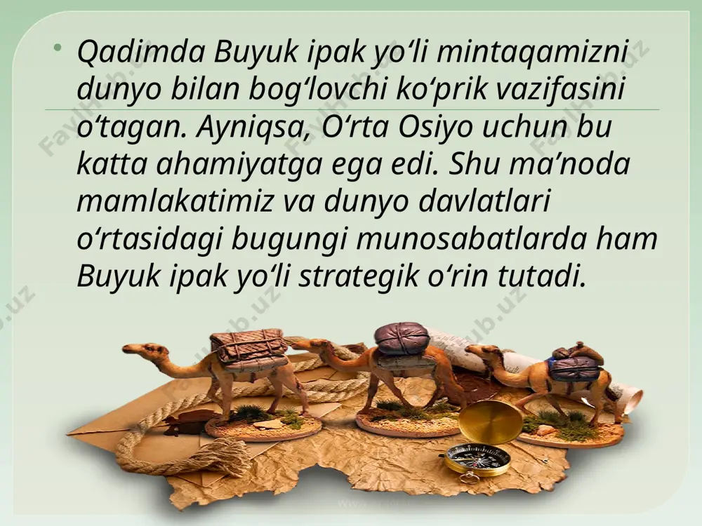li g‘arbiy yevropa davlatlari bilan ham uzviy savdo-iqtisodiy va diplomatik aloqalar o‘rnatildi. www.arxiv.uz birinchi navbatda buyuk ipak yo‘lining bekatlari ta’mirlangan va ba’zi yerlarda yangilari bunyod etilgan. yo‘llar­da karvonlarning dam olishini ta’minlovchi karvonsaroy­lar qurilgan. bu karvonlarni mahalliy hokimliklar tomonidan qo‘yilgan harbiy qo‘­riqchilar himoya qilib, bir manzildan ikkinchi manzilga yetkazib qo‘ygan. www.arxiv.uz buyuk ipak yo‘lida o‘z diplomatik missiyasini bajargan rui gonsales de klavixo o‘ziga va misr elchilariga ko‘rsatilgan e’tibor haqida alohida eslatib o‘tgan. masalan, misr elchilarini 20 nafarga yaqin harbiy suvoriy samarqandga qo‘riqlab borganini yozadi. www.arxiv.uz mahalliy hokimiyat ushbu karvonlarning harakatlanishiga javobgar bo‘lgan. natijada karvonlarning bir manzildan ikkinchi joyga be­xatar yetib borishi ta’minlangan. sohibqiron karvon yo‘llarida kimda-kim zarar ko‘rsa, bunday huquqbuzarliklarga javobgarlikni shu hu­dudlarning hokim va boshqa ma’murlariga yuklagan. zararni amaldorlar hissasidan undirish qoidasining jo­riy etilishi xalqaro savdo yo‘lidagi huquqiy kafolatlardan biri bo‘lib qolgan. buyuk ipak yo‘li bo‘yida joylashgan shaharlar, avvalo samarqand amir temur dav­rida yuqori darajada ravnaq top­gan. samarqandga dunyoning barcha …