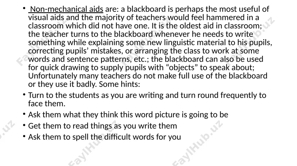 in a partially darkened room. an overhead projector used for projection of a table, a scheme, a chart, a plan, a map or a text for everyone to see on a screen. they can be used both in a daylight and artificial light. television and radio equipment: television would make it possible to demonstrate the language in increasingly varied everyday situations; pupils are invited to look, listen and speak; television and radio programmes are broadcast, but it is not always easy for teachers using these programmes to synchronize their lesson time with the time of the television or radio transmission; teaching machines which can be utilized for present information to the pupils, for drilling, or testing; the teaching machine can provide an interaction between the pupil and the "programme"; the learner obtains a stimulus and a feed-back from his/her response; thus, favorable conditions are created for individual pupils to learn, …