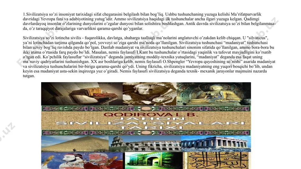 nsub davlatlar ilg'or rivojlanish mexanizmini o'zlashtirishga intilmoqda, bozor munosabatlariga tortilmoqda, demokratiya elementlari joriy etilmoqda. bunday hodisalar g‘arb qadriyatlari asosida yagona jahon tsivilizatsiyasi shakllanmoqda, degan fikrga asos bo‘ldi. binobarin, faqat g'arb tipiga ko'ra rivojlanayotgan davlatlar tsivilizatsiyali hisoblanadi, qolganlari esa sivilizatsiyadan tashqarida bo'lib ko'rinadi. yagona tsivilizatsiyaning shakllanish vaqti turli yo'llar bilan belgilanadi. ba'zilar jahon tsivilizatsiyasining shakllanishi geografik kashfiyotlar davrida boshlangan deb hisoblashadi. boshqalar esa, xristianlik qadriyatlari dunyoning turli burchaklariga olov va qilich bilan singdirilgan vaqtni jahon sivilizatsiyasining boshlanishi deb hisoblab bo'lmaydi, deb ta'kidlaydilar va ular buni ikkinchi jahon urushining oxiri bilan bog'laydilar. mustamlakachilik tizimining yemirilishi, ko'plab mamlakatlar ixtiyoriy ravishda bozor va demokratiyani tanladilar. tarixning universalligi g'oyasi, insoniyat jamiyatining vaqt bo'yicha chiziqli progressiv harakati evropa tarix falsafasining o'ziga xos xususiyatidir. ana shu mafkuraviy asosda insoniyat sivilizatsiyasining birligi haqidagi tushunchalar shakllandi. zamonaviylik ushbu tushunchalar uchun qo'shimcha dalillar beradi. ilmiy-texnika taraqqiyotining sanoat va postindustrial bosqichlari global hamkorlikka olib keladi, js. axborot, aloqa, transport, savdoning sayyoraviy …