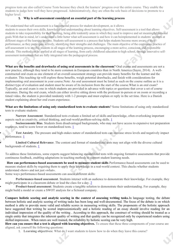 (e.g., 1-5), and the rubric provides clear guidelines for what constitutes each level of performance. 3.washback in testing washback refers to the influence that testing has on teaching and learning. it can be positive or negative: positive washback: when a test encourages students and teachers to focus on important skills and content. for example, a well-designed language test might encourage students to improve their reading and writing skills. negative washback: when the test leads to teaching to the test, focusing only on testable content, or discourages creative learning. for instance, a narrow, highly-specific test may limit the range of skills students develop. fairness in testing fairness ensures that all students are assessed based on the same criteria, with equal opportunities to succeed. it is essential because it promotes equity and reduces bias. a teacher can ensure fairness by: using diverse assessment methods: to cater to different learning styles and abilities. …