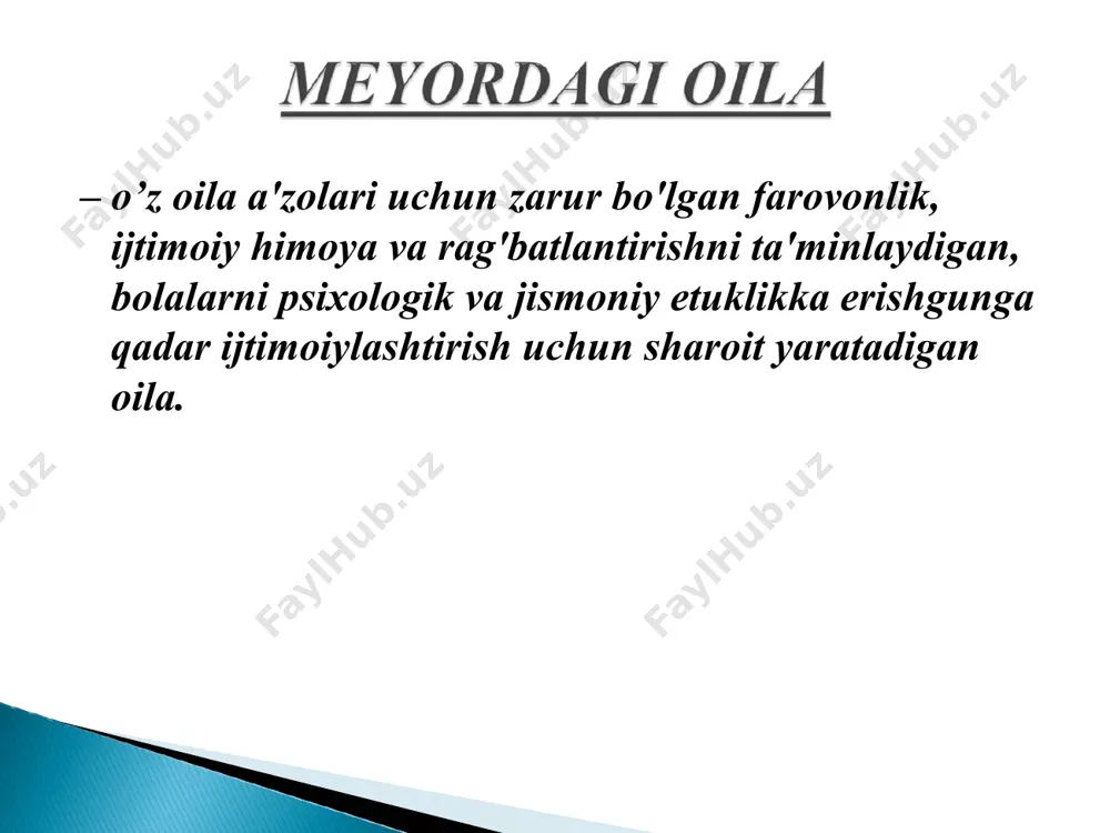 bitta tom ostida birlashtiradi. ayol iqtisodiy jihatdan turmush o'rtog'iga bog'liq. oilaviy rollar aniq tartibga solinadi: er (ota) —boquvchi, xotin (ona) — uy bekasi va bolalar tarbiyachisi. hamkorlik (teng huquqli, demokratik) shaxsiyatlarning adolatli, mutanosib taqsimlanishi; masalalarni hal qilish turmush o'rtoqlarning o'zaro almashinishida, o'z ustida ishlash va oila uchun muhim qarorlarni birgalikda qabul qilish, munosabatlarning hissiy boyligi. nuklear oila er, xotin va ularning farzandlaridan iborat; kengaytirilgan oila - kengaygan ittifoq: er-xotin va ularning farzandlari, shuningdek, birga yoki bir-biriga yaqin yashaydigan va oila tarkibini tashkil etuvchi boshqa avlod ota-onalari, masalan, bobo va buvilar, amakilar, amakilar, xolalar. aralash oila o'gay ota-onalar va o'gay farzandlar kiradi, chunki avvalgi nikohdan bo'lgan bolalar yangi oilaga birlashadi; « 1. qonuniy nikoh - bu oilani barpo etishga, er-xotinning shaxsiy va mulkiy huquq va majburiyatlarini vujudga keltirishga qaratilgan qonunda belgilangan tartibda tuzilgan erkak va ayolning erkin va ixtiyoriy ittifoqidir. 2. fuqarolik nikohi - (birgalikda yashash) ro'yxatga olinmagan nikohda bo'lgan erkak …