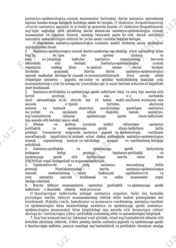 h tarzining boshqa salbiy tomonlariga bog’liq. birlamchi va ikkilamchi profilaktika tegishli ravishda aholi salomatligini saqlashni ijtimoiy - profilaktik yo`nalishi bo`lgan ikki qirrasiga - ijtimoiy - iqtisodiy va tibbiy tadbirlarga mos keladi. profilaktik yo`nalishni sxematik ravishda sanitariya qonunchiligiga amal qilish, tashqi muhitni sog’lomlashtirish, emlash, ayrim gigienik tadbirlar bilangina belgilash noto`g’ri bo`lar edi. profilaktik yo`nalishni amalga oshirish insonni o`rab turgan tashqi muhitni, aholining turmush sharoitini, ularning salomatligini mustahkamlash va faol uzoq umr ko`rishni ta`minlash maqsadida sog’lomlashtirish yotadi. bu esa o`z navbatida yuksak umuminsoniy qadriyatlarga asoslangan hayotiy o`rniga ega bo`lgan ma`naviy boy, ahloqan etuk, intellektual rivojlangan, har tomonlama kamol topgan shaxsni shakllantirishga yo`naltirilgan keng ko`lamli chora-tadbirlarni amalga oshirishni taqozo etadi. shunday qilib, ijtimoiy - profilaktik yo`nalish deganda jismonan baqkuvat va ruhan tetik, har tomonlama kamol topgan sog’lom avlodni tarbiyalashga, aholi sog’lig’ini muhofazalashga qaratilgan eng ko`lam sharoitni yaratishning, birinchi navbatda kasalliklarni kelib chiqish va taraqqiy etish sabablarini oldini olish va yo`qotish maqsadida o`tkaziladigan kompleks …