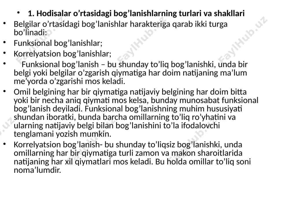 ilinadi : omil belgi bilan natijaviy belgi o’rtasidagi bog’liqlik aniqlash va bog’liqlik turini belgilash; belgilar o’rtasidagi bog’lanishni ifodalovchi regressiya tenglamasini aniqlash va uning parametrlarini hisoblash; bog’lanish zichligi va kuchini o’lchash. korrelyatsion tahlil o’rganilayotgan belgilarni tanlashdan boshlanadi. bu yerda omil belgidan ko’ra natijaviy belgini tanlash muhimroqdir. chunki regressiya tenglamasi shaklini tanlash natijaviy belgiga bog’liq. natijaviy belgi tanlangandan so’ng, unga ta’sir qiluvchi omillardan eng muhimlari tanlab olinadi. y belgining x ga bog’liqligi, biz yuqorida ta’kidlaganimizdek, to’g’ri va teskari bo’lishi mumkin . agarda x belgining ortib borishi bilan y ortsa yoki x ning ko’payishi bilan y ko’paysa, ular o’rtasida to’g’ri bog’lanish, korrelyatsiya esa ijobiy deyishadi. agarda x ning ortishi bilan y kamaysa yoki x kamayganda y ortsa, ular o’rtasida teskari bog’lanish, korrelyatsiya esa salbiy deyishadi. bundan tashqari, x ning o’zgarishi bilan y ning o’zgarishi xarakteriga qarab to’g’ri chiziqli va egri chiziqli bog’lanish bo’lishi mumkin. statistikada omil belgi bilan natijaviy belgi o’rtasidagi bog’liqlikning zichligi …