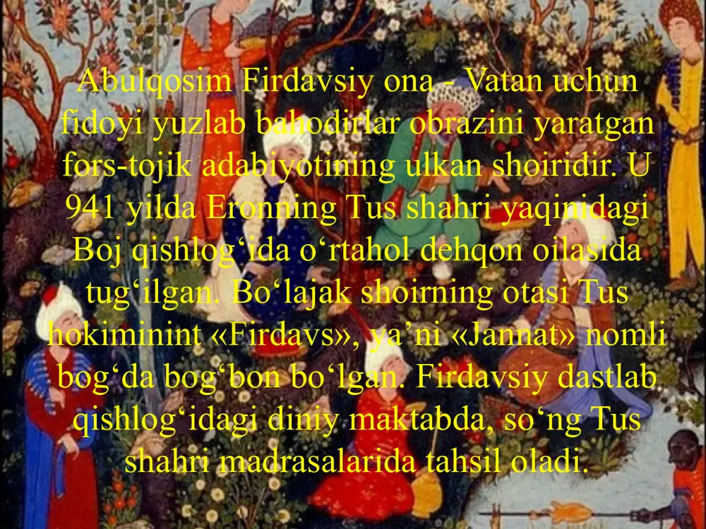 hramoni rustam shag‘odning makr-hiylasidan o‘ladi. asardagi zoli zar, rudoba, suhrob, gudarz, gev, tus, hojir, gurdofarid, humoy, manija singari qahramonlar ham yer yuzida adolat tantanasi uchun kurashadilar. «zol va rudoba» hamda «bijon va manija» dostonlarida chinakam baynalmilallik g‘oyalari ilgari suriladi. 6 firdavsiy «isfandiyr», «o’n shasi muhoraba» dostonlarida, ayniqsa, mamlakatning butunligiga tahdid soluvchi, o‘zaro urush chiqarish uchun bahona izlovchi shohlar, shahzoda va lashkarboshilarni qattiq qoralaydi. sharq adabiyotida birinchi bo‘lib, iskandar mavzusini ham firdavsiy qalamiga ol1an. 7 shohnoma» da peshdodiylar, kayoniylar, ashkoniylar va somoniylar kabi sulolalar tarixi haqida so‘z yuritilgan. undagi pahlavonlar, shohlar, amaldorlar, lashkarboshilar, olimlar, san’atkorlar, hunarmandlar, dehqonlardan iborat bir necha yuz personajlarni quyidagicha tasniflash mumkin: a) mifologik obrazlar: qayumars, hushang tahmuras, jamshid va boshq. b) afsonaviy qahramonlar: som, narimon, zol, rustam, gev, bijon va boshq. v) tarixiy personajlar: iskandar, bahrom go‘r, mazdak, anushirvon, xusrav parviz va boshqalar. 8 firdavsiyning «shohnoma» dostonlari syujeti asosida «zahhoki moron» (g’ozi yunus), «siyovush» singari sahna asarlari …