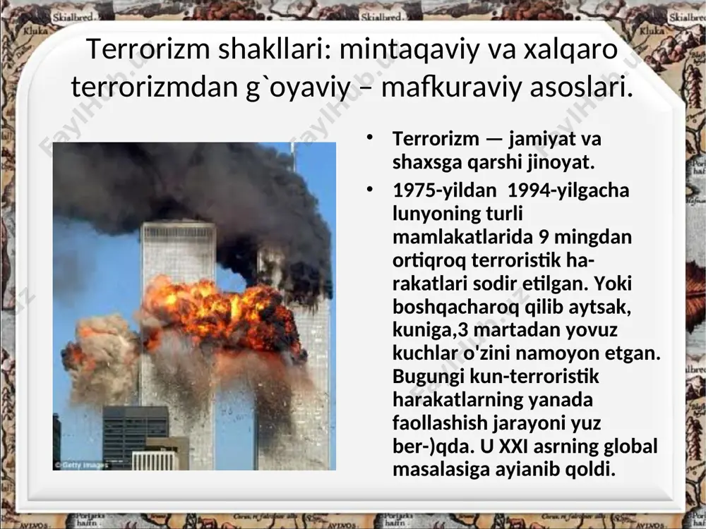 ni, sarhadlarimiz daxlsizligini, fuqarolarimizning tinchligi va osoyishtaligini ta’minlamasdan o’zbekistonda fuqarolik jamiyati poydevorini barpo etish mumkin emas. o’tmishdan salbiy meros bo’lib qolgan nuqson va illatlardan xalos bo’lish, millatchilik, mahalliychilik, urug’-aymoqchilik ko’rinishlariga qarshi kurashish bilan bir qatorda, xalqaro terrorizm va ichki ryaktsiyaga qarshi murosasiz kurash olib borish masalalariga ham alohida e’tibor berish kerak deb o’ylaymiz.