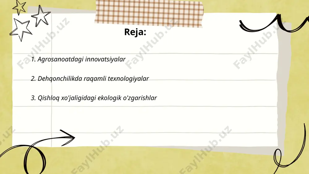 sildorlik 15-25% ga ortishi mumkin. bu jarayonlar ekinlarning zararli omillar ta'siridan himoya qilishga ham xizmat qiladi. ... t.me/slaydai_bot qishloq xo'jaligidagi ekologik o'zgarishlar markaziy osiyoda jiddiy masalaga aylanmoqda. so'nggi yillarda, o'zbekistonda sug'orish tizimlarining yangilanmaganidan kelib chiqib, suv resurslarining 20-30% yo'qotilishi kuzatildi. qishloq xo'jaligi yerlarining 50% dan ortig'i sho'rlanish muammosiga duch kelmoqda. atmosfera chiqindilari tufayli har yili o'tloq yerlarda 1-2% ekotizim yo'qotilmoqda. 2010-2020 yillarda ekin yerlarining biologik ishlab chiqarishi 15% kamaydi. biroq, ekologik toza usullarni qo'llash orqali hosildorlikni 10-20% ga oshirish mumkinligi aniqlangan. ushbu o'zgarishlar, qishloq xo'jaligida barqaror amaliyotlarni kengroq joriy etishni talab qiladi. ... t.me/slaydai_bot 4. oziq-ovqat xavfsizligi strategiyalari oziq-ovqat xavfsizligi strategiyalari oziq-ovqat mahsulotlarini ishlab chiqarishda, saqlashda va tarqatishda xavfsizlik standartlarini ta'minlashga qaratilgan choralarni o'z ichiga oladi. jahon sog'liqni saqlash tashkiloti (who) ma'lumotlariga ko'ra, dunyoda har yili taxminan 600 million kishi ifloslangan oziq-ovqat sababli kasallanadi. strategiyalar orasida gigiena qoidalariga rioya qilish, sifat nazorati tizimlarini joriy etish va ta'lim dasturlarini tashkil qilish …