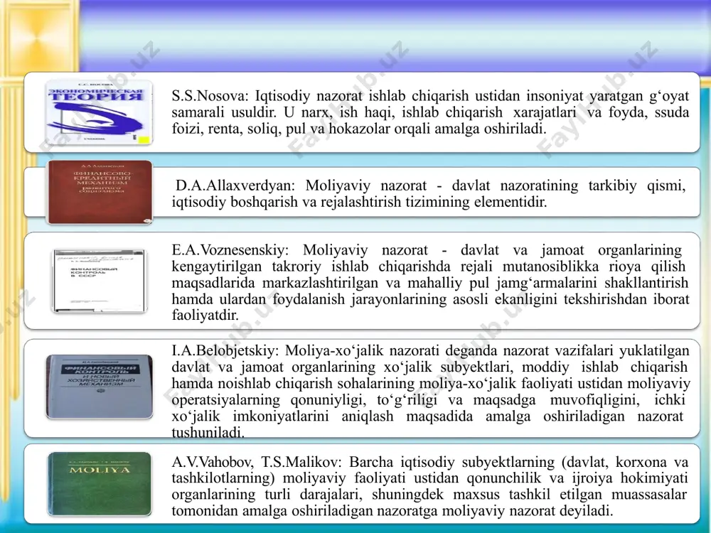 va xarajat hujjatlari asosida moliyaviy-xo‘jalik faoliyatning alohida masalalari bo‘yicha amalga oshiriladi. tekshiruv jarayonida moliyaviy intizomning buzilganligi aniqlanadi va ularni barham berish borasida choralar belgilanadi. hujjatlar va moliya-xo’jalik operasiyalarni to’liq qamrab olinishiga ko’ra yalpi hamda qisman (tanlanma) tekshirish turlariga bo’linadi. yalpi tekshirishda tashkilot, korxona, muassasaning hamma moliya-xo’jalik operasiyalari va hujjatlari to’liq tekshiriladi; qisman (tanlanma) tekshirishda faqat uning bir qismi tanlanma tartibda hujjatlar, operasiyalar, material qiymatliklar tekshiriladi. tadqiq etish tadqiq etish korxona va tashkilotlar faoliyatining ayrim tomonlarini qamrab oladi. tadqiq etish jarayonida bajarilgan ishlar, materiallar, yoqiligi va energiyaning sarflanish hajmlari nazorat tarzida o’lchanadi. shuningdek, tadqiq etish so’rash, kuzatish va inspeksiya qilish hollari orqali ham amalga oshirilishi mumkin. boshqaruv nazorati boshqaruv nazorati (nadzor) moliyaviy faoliyatning ma’lum bir turiga (masalan, sug’urta, investision, bank va boshqa faoliyatlar) litsenziya olgan iqtisodiy subyektlar ustidan nazorat organlari tomonidan amalga oshiriladigan nazoratni anglatadi. u buzilishi lisenziyaning chaqirib olinishiga olib keladigan o’rnatilgan (belgilangan) qoidalar va normativlarga rioya qilinishi ustidan nazoratni …