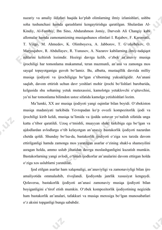yoti o‘ziga xos tarzda davom ettirilganligi hamda zamonga mos yaratilgan asarlar o‘zining shakl-u shamoyilini asragan holda, ammo uslub jihatidan davrga moslashganligini kuzatish mumkin. bastakorlarning yangi avlodi, o‘tmish ijodkorlar an’analarini davom ettirgan holda o‘ziga xos uslublarni yaratdilar. ijod etilgan asarlar ham xalqonaligi, an’anaviyligi va zamonaviyligi bilan ijro amaliyotida ommalashib, rivojlandi. ijodiyotda janrlik xususiyat kengaydi. qolaversa, bastakorlik ijodiyoti an’anasi zamonaviy musiqa ijodiyoti bilan boyiganligini e’tirof etish mumkin. o‘zbek kompozitorlik ijodiyotining negizida ham bastakorlik an’analari, tafakkuri va musiqa merosiga bo‘lgan munosabatlari o‘z aksini topganligi bunga sababdir. i bob. bastakorlik ijodi tarixi o‘zbek xalq musiqa merosi boy va uzoq o‘tmishga ega. uning ildizlari ming yillik tarixga egaligi manbalarda zikr etib kelinadi. o‘zbek bastakorlik ijodiyotini ilmiy tadqiq etgan musiqashunos olim t.b. g‘ofurbekovning yozishicha: «milliy bastakorlik san’ati – yillar va asrlargina emas, balki ming yilliklar davomida barcha sinovlarga bardosh berib, usluban sanog‘i yo‘q musiqiy bitiklar tevaragida o‘z an’analarini yo‘qotmay kelmoqda»1 . albatta, bastakorlik ijodiyotining ilk qadamlari …