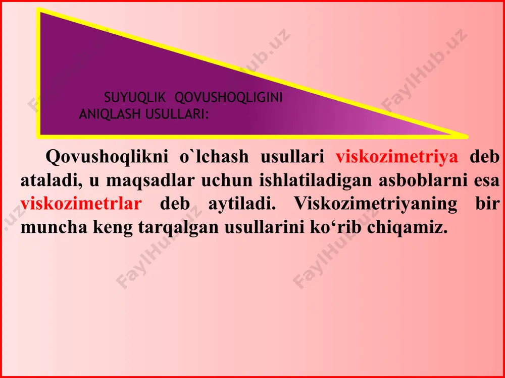 o‘ylab oqishi suyuqlikning xossalariga, uning oqish tezligiga, trubalaming o‘lchamiga bog‘liq bo‘lib, reynolds soni bilan aniqlanadi: re = d/ bu yerda p-suyuqlikning zichligi; d-trubaning diametri. agar reynolds soni biror kritik qiymatdan katta bo`lsa (re>rekr) unda suyuqlik harakati turbulent bo‘ladi. reynolds soni suyuqlikningqovushoqligiga va zichligiga bog‘liq bo‘lgani sababli ularning kinematik qovushoqlik deb ataladigan nisbatlarini kiritish qulaydir: v= bu tushunchadan foydalangan holda reyngolds sonini quyidagi kovinishda ifodalash mumkin: re=d/v kinematik qovushoqlik birligi sekundiga kvadrat metr (m2/s) arteriyalarda qon oqishi normal holda laminar oqim bo‘lib, klapanlar yaqinida esa biroz turbulent oqim vujudga keladi. patologiyada qonning qovushoqligi normadan kichik bo‘lganda reynolds soni kritik qiymatidan oshib ketadi va harakat turbulent bomib qoladi. turbulent oqim suyuqlikning oqishida qo‘shimcha energiya sarf bo‘lishiga olib keladi, qonning bunday oqishida esa yurakning qo‘shimcha ish bajarishga olib keladi. qonning turbulent oqim paytida hosil bomgan shovqin esa kasalliklami diagnostika qilish maqsadlarida ishlatilishi mumkin. bunday shovqinlar yelka arteriyalari qon bosimini omchab ko‘rishda eshitiladi. havoning …