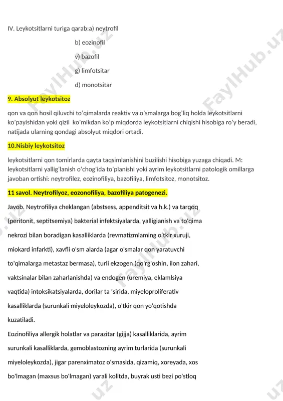 n gipergormonal holatlarda eozinofiliya yuz beradi) kuzatiladi. eozinofillarning biroz ko'payishi boshqa tabiatli kasalliklarda sog'ayish davrida kuzatilishi mumkin (ulaming bo'yalish rangiga ko'ra avvallari «sog'ayish qizil tongi» degan ibora qo'llanar edi.leykotsitozlarning kam uchraydigan turi b o'lib, u surunkali miyeloleykozda (bunda ham bazofillar, ham eozinofillar bir vaqtda ko'paygan bo'lishi mum kin - eozinofil-bazofil assotsiatsiyasi - eozinofillar va bazofillar hamjihatligi), eritremiyada, gemofiliyada, og'ir anemiyalarda, ayrim teri kasalliklarida, nospetsifik yarali kolitda kuzatiladi. bazofiliya bilan o 'tadigan kasalliklarda ko'pincha gemorragiya - qon ketishi kuzatiladi (bu ko'p geparin hosil qilinishi bilan bog'liqdir). 12 savol. limfositoz monotsitoz patofiziologiyasi. javob. limfotsitoz ko'pincha monotsitoz bilan birga bo'lishi mumkin. masalan, o'pkaning sil kasalligida. bu holda kasallik og'irlashib avj olsa, monotsitlar ko'payib, tuzalish davrida limfotsitlar ko'payadi. o 'tkir infektsion kasalliklarda leykotsitar formulaning dinamikasi taxminan quyidagicha bo'ladi. kasallikning boshiang'ich davrida neytrofiliya bilan leykotsitoz kuzatiladi. chunki neytrofillar (immun javobning boshiang'ich, nospetsifik davrida) mikroorganizmlarga qarshi kurashda eng birinchi bo'lib qatnashuvchi fagotsitlardir. kasallikning avjida asta-sekin monotsitlarning …