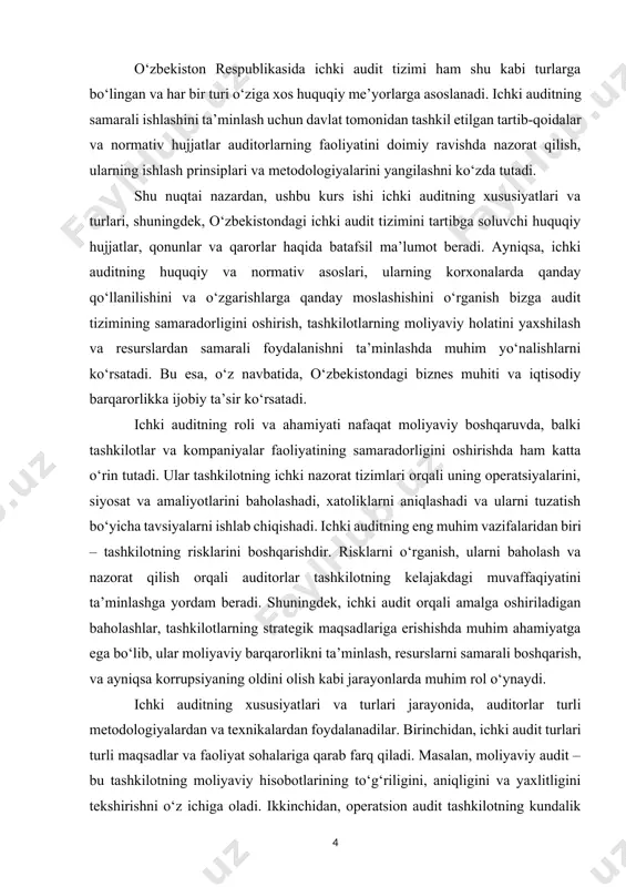 d xalqaro standartlarga to‘liq moslashishni, audit faoliyatini boshqarishda yanada shaffoflikni ta’minlashni, va audit jarayonlarini optimallashtirishni maqsad qilib qo‘yadi. ichki audit tizimi, shuningdek, o‘zbekiston respublikasining "ichki audit to‘g‘risida"gi qonuni asosida ham ishlaydi. mazkur qonun ichki auditning vazifalari, roli va asosiy tamoyillarini belgilab beradi. ichki auditning samarali ishlashi uchun bu qonunda auditorlar uchun professional va axloqiy talablar, metodologiyalar, va ish jarayonlariga oid standartlar ishlab chiqilgan. auditning xususiyatlarini yanada chuqurroq tahlil qilganda, o‘zbekistondagi ichki audit tizimining samaradorligini oshirishda xalqaro audit tashkilotlari va standartlari ham muhim o‘rin tutadi. bunga misol sifatida, xalqaro ichki audit instituti (iia) tomonidan ishlab chiqilgan "ichki auditning xalqaro standartlari"ni keltirish mumkin. ushbu standartlar o‘zbekistondagi ichki audit tizimiga mos ravishda, audit jarayonlarining to‘g‘ri va shaffofligini ta’minlashga xizmat qiladi. i bob. ichki auditning mohiyati va xususiyatlari 1.1 ichki audit tushunchasi va uning ahamiyati ichki audit korxona faoliyati ichki nazoratining turlaridan biri bo‘lib, mulkdorlarning manfaati asosida korxona faoliyatini mustaqil tekshirish va baholashdan iboratdir. …