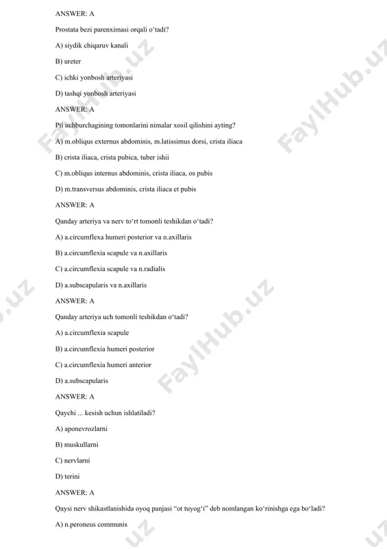 di? a) yonbosh suyagini o‘rovchi yuza arteriya, yuza qorin usti arteriyasi, tashqi uyatli arteriya b) yuza qorin usti arteriyasi, yonboshning chuqur arteriyasi tashqi uyatli arteriya c) tashqi uyatli arteriya, yonboshning chuqur arteriyasi, qorin usti arteriyasi d) yonboshning chuqur arteriyasi ,tashqi uyatli arteriya ,chuqur qorin usti arteriyasi answer: a son uchburchagi chegaralari iborat: a) ligamentum ingivinale, m.sartorius, m.adductor longus femoralis b) m.soleus, m.adductor longus femoralis, v.femoralis c) m.grasilus, m.adductor longus femoralis, m.soleus d) v.femoralis, ligamentum ingivinale, m.sartorius answer: a son uchburchagidan nimalar utadi: a) a. et v.femoralis, limfa tugunlar, n.femoralis b) limfa tugunlar, ligamentum ingivinale c) m.sartorius, ligamentum ingivinale, chanoq nervlari d) n.ischadicus, ,bel qon-tomirlari answer: a taloqdan venoz qon qaysi venaga quyiladi? a) v.portaega b) v.cava superior ga c) v.cava inferior ga d) v.mesenterica superior ga answer: a tikuv materiallariga qo‘yilgan talablar? a) rezorbtivlik b) kosmetik qulaylik c) elastiklik d) rigidlik answer: a to‘g‘ri ichak-siydik pufagi chuqurchasini punksiya qilish uchun …