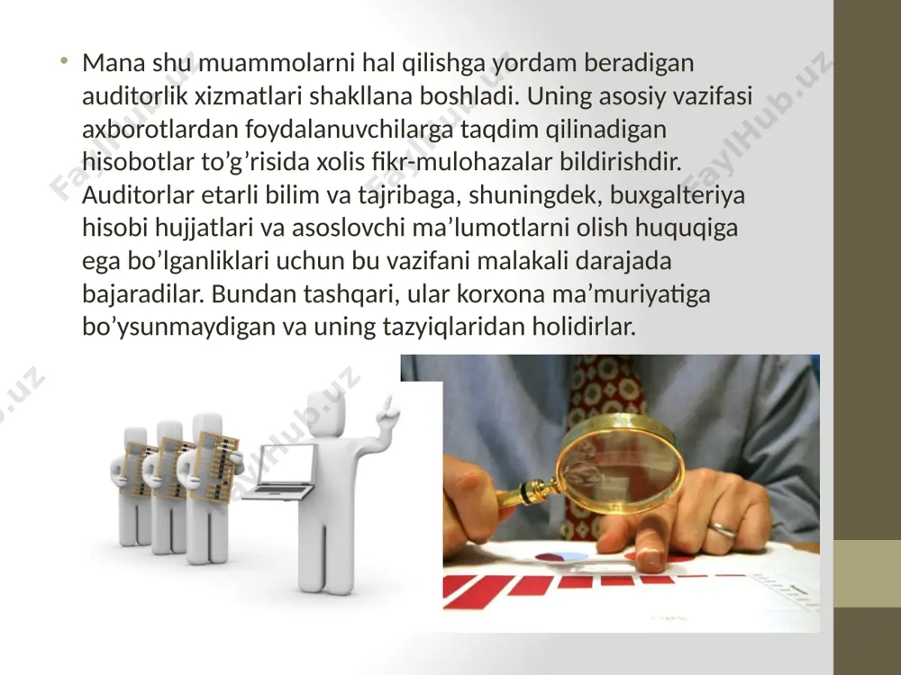 om. o’zbekiston respublikasi prezidentining 2007 yil 4 apreldagi pq-615-son qaroriga ilova «auditorlik tashkilotlari to’g’risida» nizom. o’zbekiston respublikasi prezidentining 2007 yil 4 apreldagi pq-615-son qarori - «auditorlik tashkilotlari faoliyatini yanada takomillashtirish hamda ular ko’rsatayotgan xizmatlar sifati uchun javobgarlikni oshirish to’g’risida». бычкова с.м. аудит: ситуации, примеры, тесты. - м.: финансы и статистика, 1999. василевич и.п. сборник задач по аудиту. –м.: «инфра-м», 1999. image2.jpeg image3.jpeg image4.jpeg image5.jpeg image6.png image7.jpeg image8.jpeg