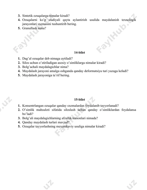 n iborat? 2. go’sht-baliq ozuqalarini maydalash konstruksiyasi baraban ichki yuzasi nima bilan payvandlangan? 3. magnitli separatorlarda magnit qiya sirg’alish taxtasiga necha gradus qiyalikda o’rnatiladi? 4. shnekli ildiz meva yuvgichning funksiyasi? 5. somonni suvda ivitish jarayonida bug’ uzatish to’xtatilgandan so’ng somon qancha vaqtdan keyin ozuqa sifatida beriladi? 24-bilet 1. pss-5,5 silos va senaj yuklagichi qanday qismlardan tashkil topgan? 2. somonning to;yimliligi necha ozuqa birligiga teng? 3. mollarga yedirishdan oldin somon qanday usullar bilan to’yimliligi oshiriladi? 4. respublikamizda don mustaqilligiga erishish maqsadida g’alla ekin maydonlari qanchaga yetqazildi? 5. somonga ohak bilan ishlov berishning mohiyati nimadan iborat? 25-bilet 1. ozuqalarni maydalash usullari nimalardan iborat? 2. somonning hazm bo’lishini tezlashtirish va to’yimliligini oshirish maqsadida qanday usullar yordamida ishlov beriladi? 3. 1 tonna somonga ohak bilan ishlov berishda qancha ohak ko’miridan foydalaniladi? 4. yemlarni karbamid bilan ishlov berilgan arpa somonidan ortiqcha ammiakni ushlab qolish qobiliyatini aniqlash uchun necha bosqichli tajribalar o’tkaziladi? 5. ammiak suvi nima?