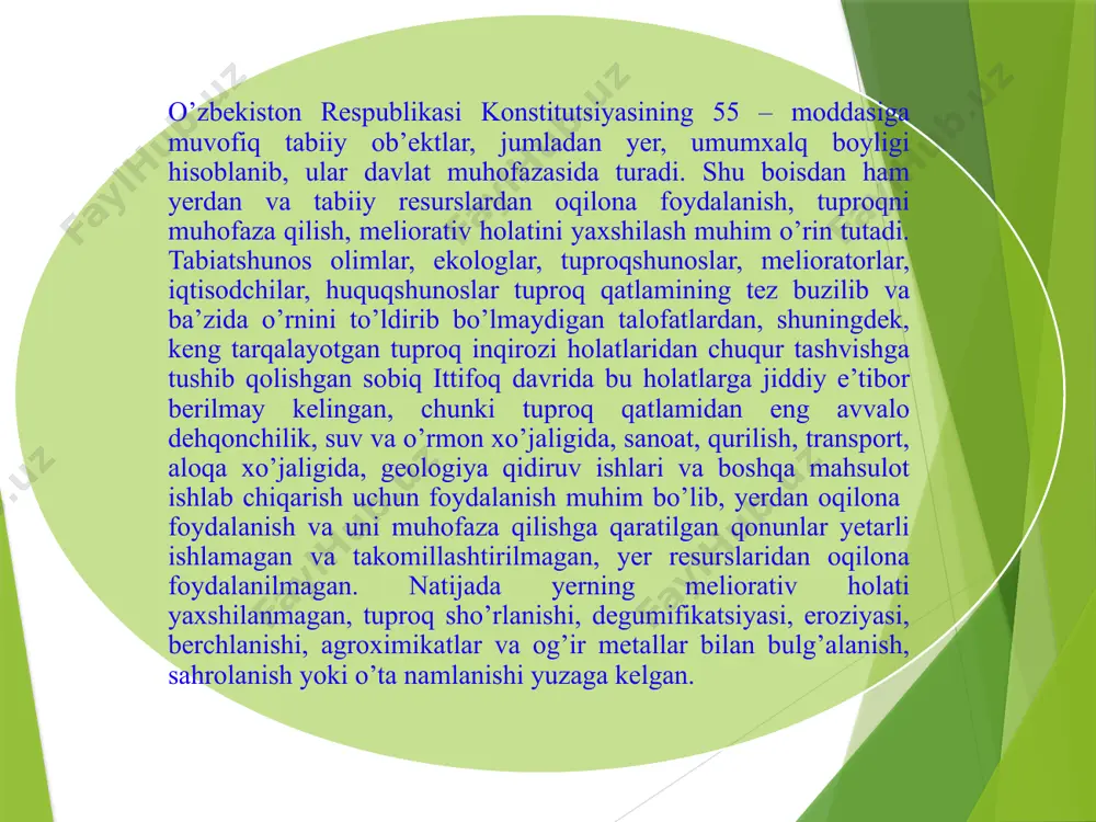 . melioratsiya so’zi lotincha so’z bo’lib, “melio”, ya’ni yaxshilash degan so’zni anglatadi.tuproq melioratsiyasi deganda tuproqlarni tubdan yaxshilash tushuniladi. insoniyat tarixida toki shu kunga qadar tuproqga bo’lgan extiyoj tobora ortib kelmoqda va tuproq xom ashyo yetishtiradigan birdan – bir asosiy vosita bo’lib kelgan va kelgusida ham shunday bo’lib qoladi. gidrologiya adabiy tilda (logy lotin tilida logia) “fan yoki o’qish”, (yunonchadan ‘hydro, hudor) “suv” degan ma’noni bildiradi. hozirgi gidrologiya suvning hamma xossalarini o’z ichiga olmaydi. zamonaviy gidrologiya yerning ustidagi va ostidagi suv harakati hamda atmosferadagi suvni o’rganadi. sho’rlangan tuproqlarni o’rganish boyicha okeanografiya fani shug’ullanadi. suvni taqsimlash va harakatini o’rganmoqchi bo’lganimizda inson harakati muhim rol oynaydi. inson nafaqat gidrologiyani tushunishga undovchi kuch emas, balki undan ham kuchliroq kuchdir. gidrologiya toza ichimlik suvi bilan inson orasidagi bog’likliklarni va gidrologiyaning fizik xossalarini tushunishga integratsiya qiladi. inson suv sifati miqdori muammolari (yerosti suv qazib chiqarish yoki suvni ifloslantiruvchilardan tozalash) shakllariga ta’sir qiladi. gidrologiya o'rganishga muhandislik va …
