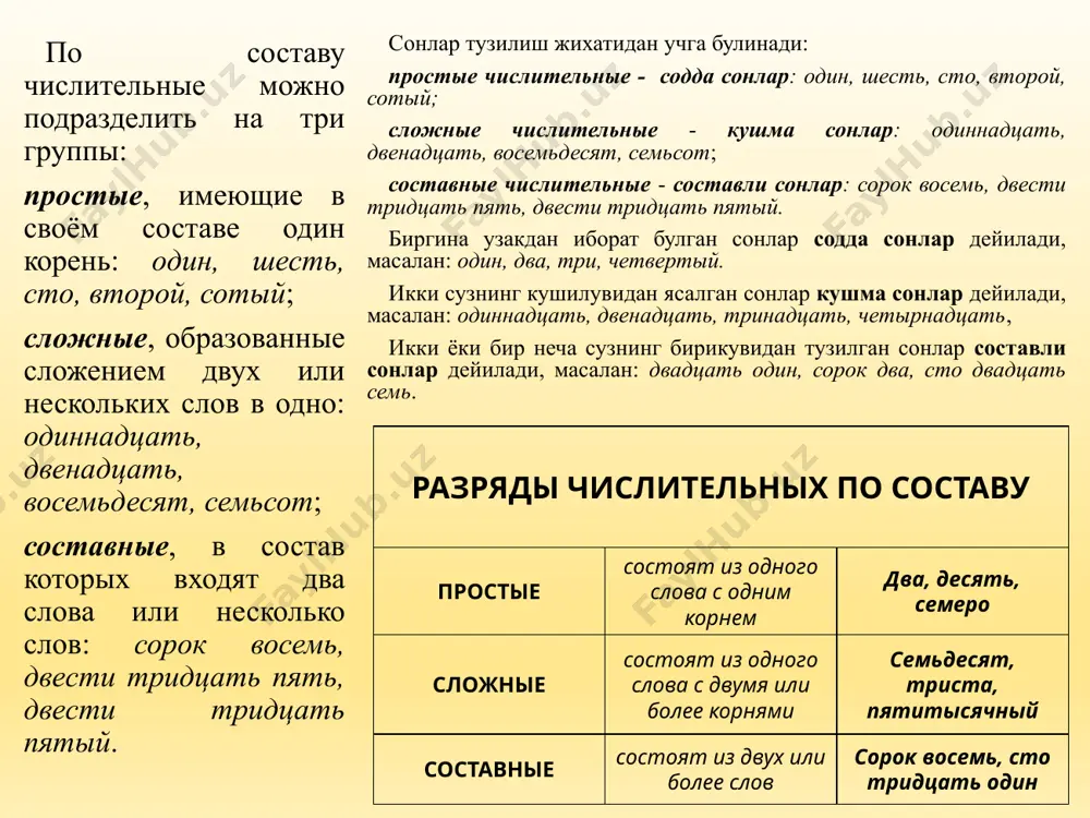 том (о) первой, пятой, двенадцатой (о) первом, пятом, двенадцатом порядковые числительные в составных порядковых числительных склоняется только последнее слово. правописание числительных рус тилида сонларнинг ёзилиши цуйидагича: 1) пять дан бошлаб, двадцать гача булган сонларнинг ва тридцать сонининг охирида юмшатиш белгиси - ь ёзилади. 2) -десят ва -сот билан тугайдиган кушма сонлар кушиб ёзилади, масалан: пятьдесят — пятидесяти — пятьюдесятью, пятьсот — пятисот— пятьюстами каби. 3) пятьдесят, шестьдесят, семьдесят, восемьдесят, пятьсот,, шестьсот, семьсот, восемьсот, девятьсот хамда творительный келишигида келган четырьмя, пятью, восемью, одиннадцатью, пятьюдесятью каби сонларнинг уртасида юмшатиш белгиси - ь ёзилади; 4) миллион ва миллиард сузларида иккита л ёзилади; 5) триста, четыреста сонларининг охирида а ёзилади; девяносто сузининг охирида эса именительный ва винительный келишикларида о, бошка келишикларда эса а ёзилади; 6) одиннадцать сонида икки н ёзилади; 7) составли сонлар айрим ёзилади, масалан: сто пятьдесят пятый, восемьсот двадцать седьмой, тысяча девятьсот пятьдесят восьмой; задания для самостоятельного выполнения ответьте на вопросы: что …