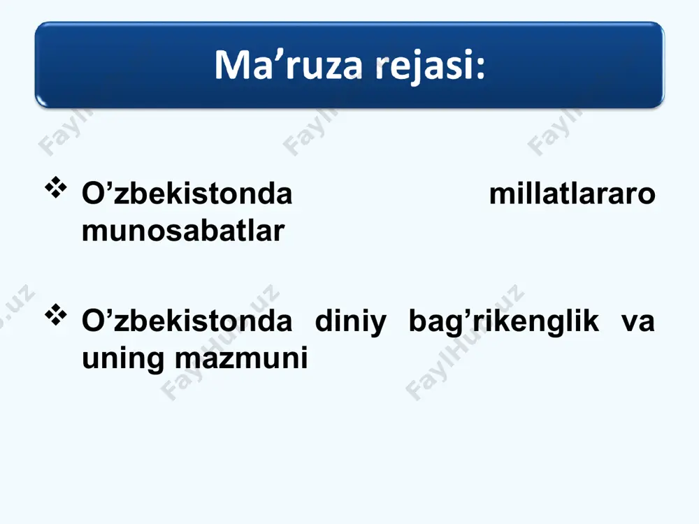 ил» (уйғур) «сабантўй» (татар ва бошқирд) «дожинки» (поляк) «вардавар» (арман) «мартиница» (болгар) radioeshittirishlar o’n bitta tilda olib borilyapti o’zbekiston aholisining tarkibi milliy-madaniy markazlar dunyo xalqlari bugun dunyoda 7,5 milliard inson yashaydi. 15 tasi yirik xalq eng yirigi xitoy xalqi – 1 mlrd. 300 mln. (dunyo aholisining 19%ini tashkil etadi) ikkinchi o’rinda hindiston bo’lib, u yerda 9 ta yirik xalqlar bor. ularni yirigi xindistonlik va bangallardir. umuman olganda dunyoda 5000 dan ortiq millat va elatlar yashaydi. dunyodagi 1600 dan ortiq etnik guruhdan 200 ga yaqini milliy davlatchiligiga ega, xolos. ўзбекистонда 36,5 миллион аҳолининг тахминан 29 миллиондан кўпроғини, шунингдек, тожикистонда жами аҳолининг – 24,4, қирғизистонда – 13,8, туркманистонда – 9,0, қозоғистонда – 2,5 фоизини ўзбеклар ташкил қилади. ўзбекистон кўп миллатли, полиэтник давлат. маълумотларга кўра, бундан юз йил аввал ҳозирги республикамиз ҳудудида 70 га яқин миллат вакиллари истиқомат қилган. орадан 30 йил ўтгач, бу сон 91 тага, 1959 йил 113 тага, 1979 йил …
