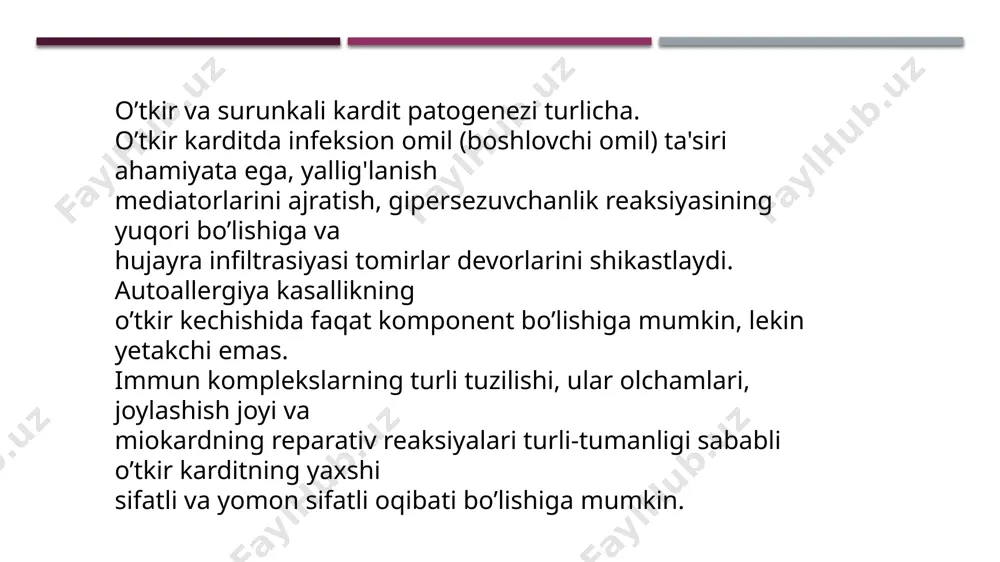 di; tonlarning bo’g’iqlashuvi yoki pasayganligi; davolashga rezistent bo’lgan taxikardiya; yurak-qon tomir yetishmovchiligi, odatda total, lekin chap qorincha etishmovchiligi ustunligi bilan. paraklinik: laborator: echt, leykositlar, qon zardobi oqsil fraksiyalari, asl va ast titri me'yorda bo’ladi yoki ozgina o’zgargan. rentgenografik: chap o’pka pastki bo'lagi atelektazi. yurakning sharsimon yo’ki oval ko'rinishi, chap qorinchaning kuchli dilatasiyasi bilan birga yurak boshlilarining kattalashishi kech tugma karditlarning tashxisiy mezonlari klinik:  ekstrakardial: tug’ilganda normal tana vazni, kam qo’llarda bachadon ichi gipotrofiyasi uchraydi; ko’krak bilan ovqatlantirganda bolaning charchab qolishi; hayotining 3-5 oyidan keyin jismoniy rivojlanishdan orqada qolish; statistik funksiyalar rivojlanishining kechikishi; nafas a'zolarining tez kasallanishi; ko’p terlash; asab tizimidagi o’zgarishlar; shovqinli nafas olish.  kardial: hansirash, tug’ilganidan buyon mavjud taxi- yo’ki bradikardiya; rangparlik, shilliq qavatlar va barmoqlar uchlarining sianozi; yurak-qon tomir yetishmovchiligi; kuchaygan, ko’tariluvchi, pastga siljigan yurak uchi turtkisi; yetarlicha baland yurak tonlari; sistolik shovqin ehtimolligi; marom buzilishi paraklinik:  ekg: chap qorincha elektropotensiallari ustunligi, marom va otkazuvchanlik …